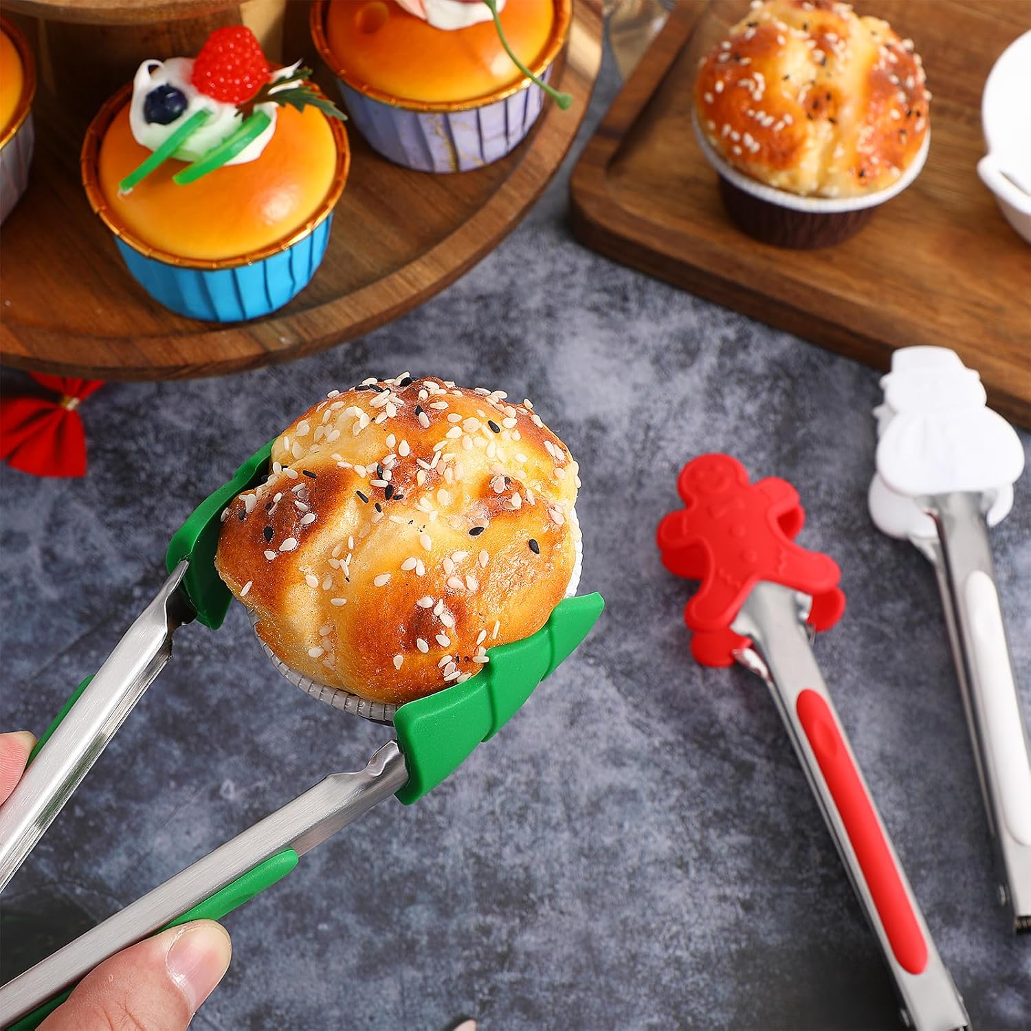 Yardwe Christmas Mini Tongs Set, 3Pcs Stainless Steel Food Clips with Silicone Tips Holiday Kitchen Tongs for Cooking Serving Ice Cubes Fruits Snacks