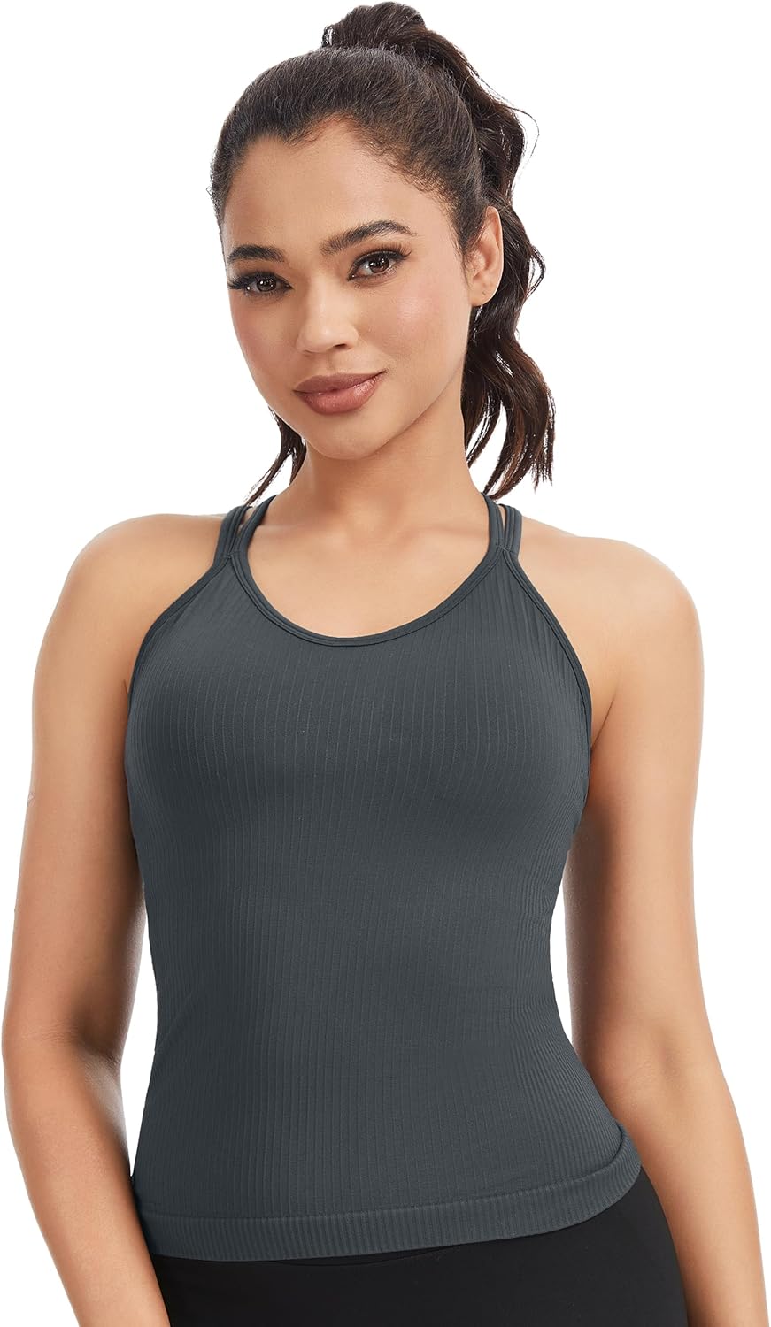 Seamless Ribbed Workout Tank for Women with Built in Bra, V Neck Spaghetti Strap Crisscross Back Yoga Top, Gym, Daily Wear