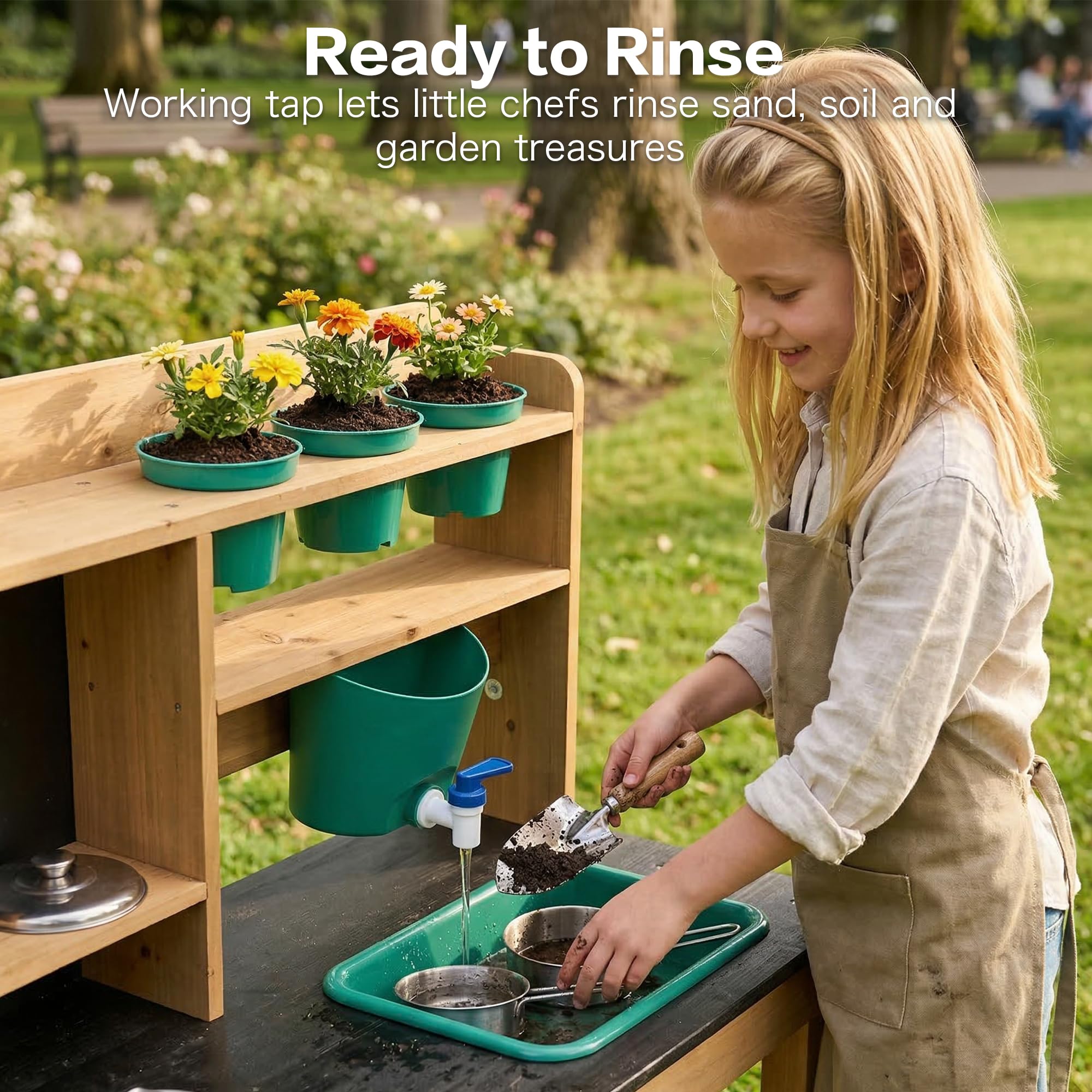 Matschküche Kinder Outdoor, Holz Spielküche mit Wasserhahn Wasserfunktion | Kinderküche für Kinder Zubehör, Spüle, Herd, Waschbecken Kinder, Mud Kitchen Gartenspielzeug für Jungen Mädchen ab 3 Jahren