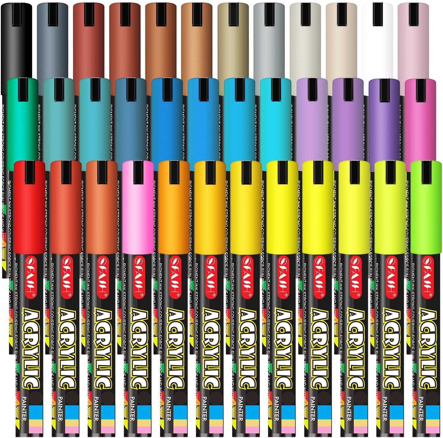 SFAIH Acrylic Creative Markers - 3mm Replaceable Nibs 36 Colors, Large Ink Capacity, Ultra-High Coverage, Non-Bleeding Water-Based Ink, Drawing Markers for Art Supplies, Wood, Fabric, Rock Painting