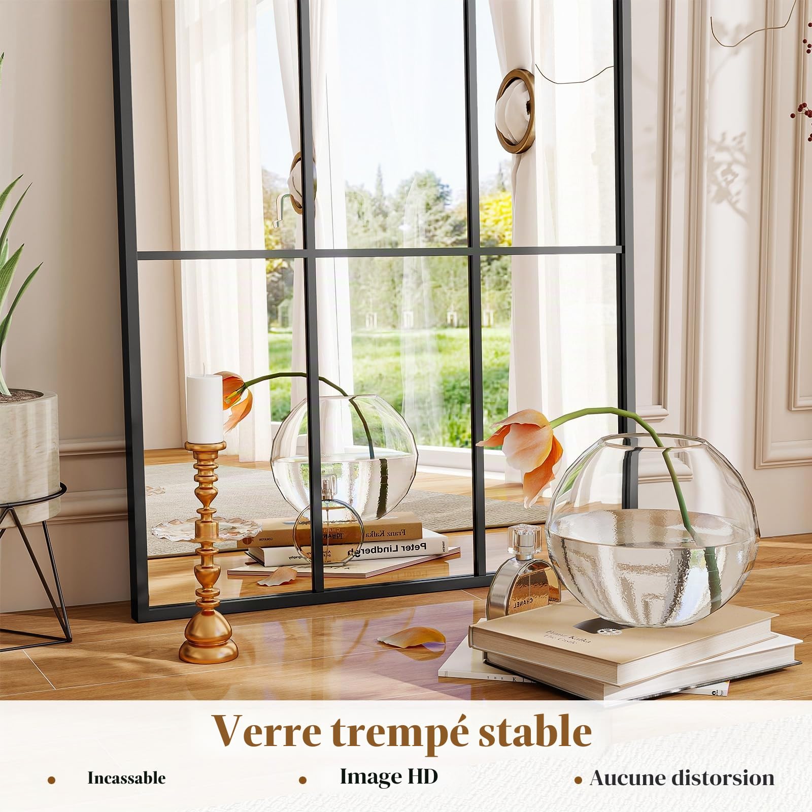 Koonmi Miroir Fenêtre 60 x 165 cm Rectangulaire Grille Décorative Corps Plein Cadre Métal Suspendu Entrée Salon Noir