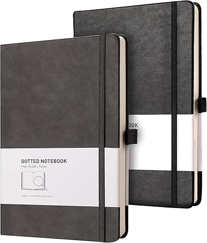 Miniatura 1 de RETTACY Paquete de 2 cuadernos de cuadrícula de puntos A5 con 160 páginas numeradas por paquete, papel sin ácidos de 120 GSM, tapa dura de cuero,