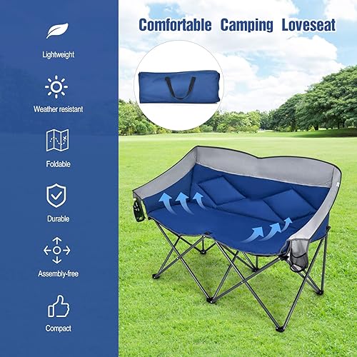 Miniatura 4 de COSTWAY Silla de campamento doble, silla de campamento plegable para 2 personas para adultos, respaldo alto acolchado, bolsas de almacenamiento,