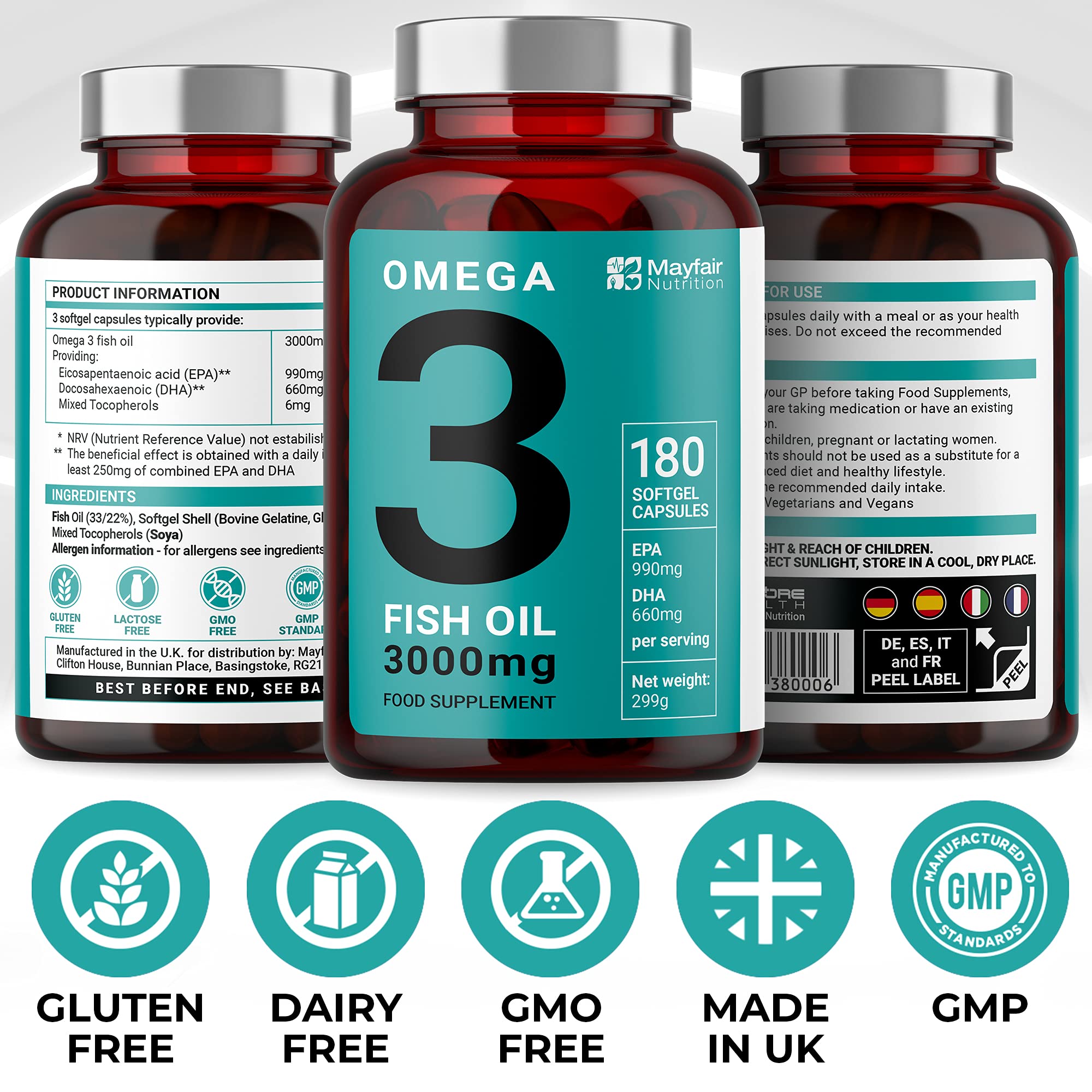 Omega 3 Fish Oil 180 High Strength Capsules 990mg EPA & 660mg DHA