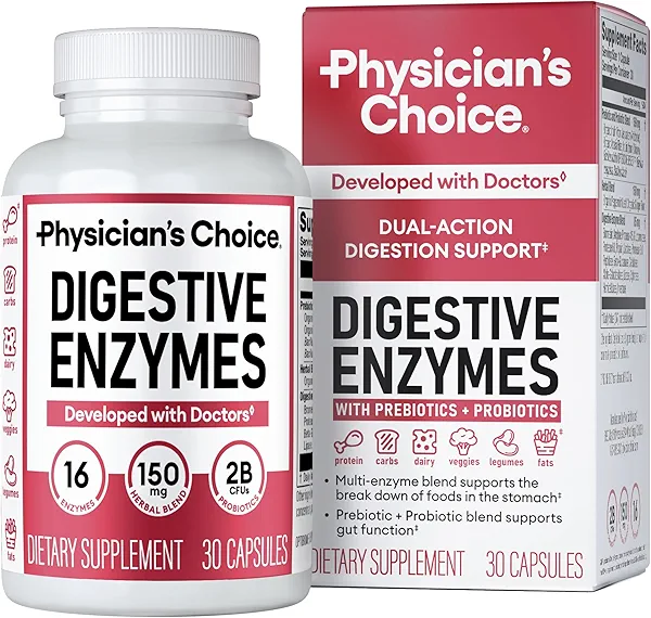 Physician's CHOICE Digestive Enzymes - Multi Enzymes, Bromelain, Organic Prebiotics & Probiotics for Digestive Health & Gut Health - Bloating & Meal Time Discomfort - Dual Action - All Diets - 30 CT