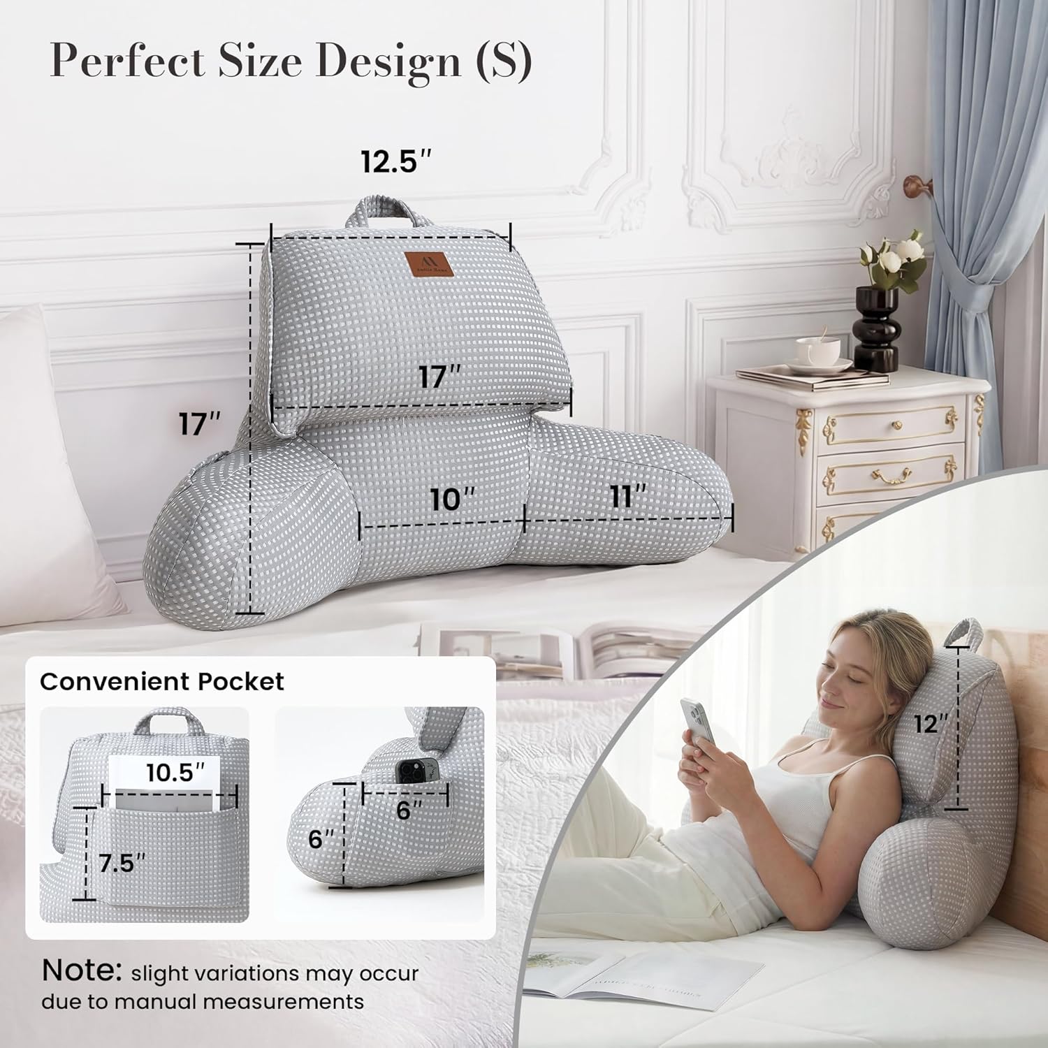 Amélie Home Premium Cooling Waffle Reading Pillow, Qmax>0.37 Ergonomic Backrest Support with Pocket & Handle, Breathable Lounging Pillow for Bed Sofa Floor Summer, 17 Inches, Grey