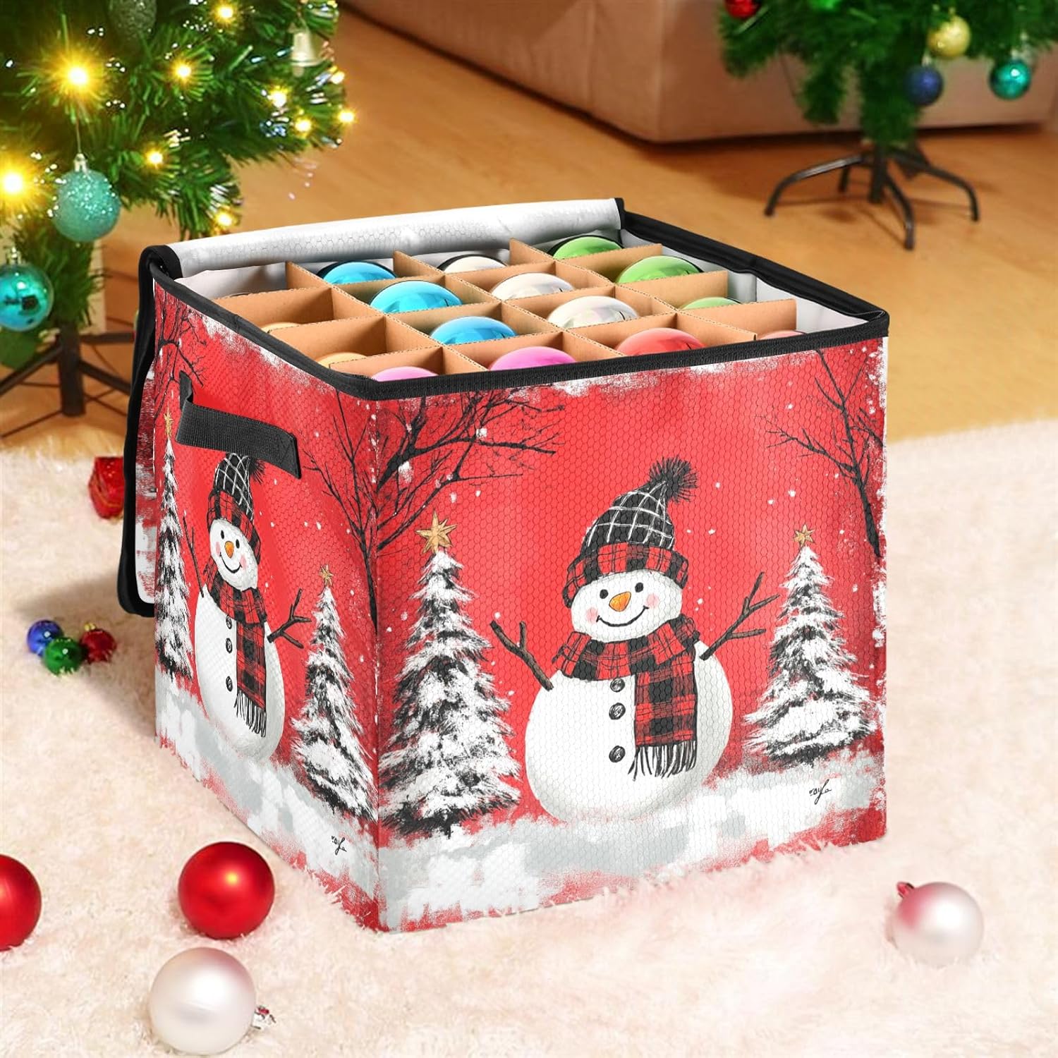 High Capacity Christmas ornament storage containers Holds Up to 64, Two Handles stackable Holiday Storage Case with Lid,Red Black Buffalo Plaid Snowman Xmas Trees