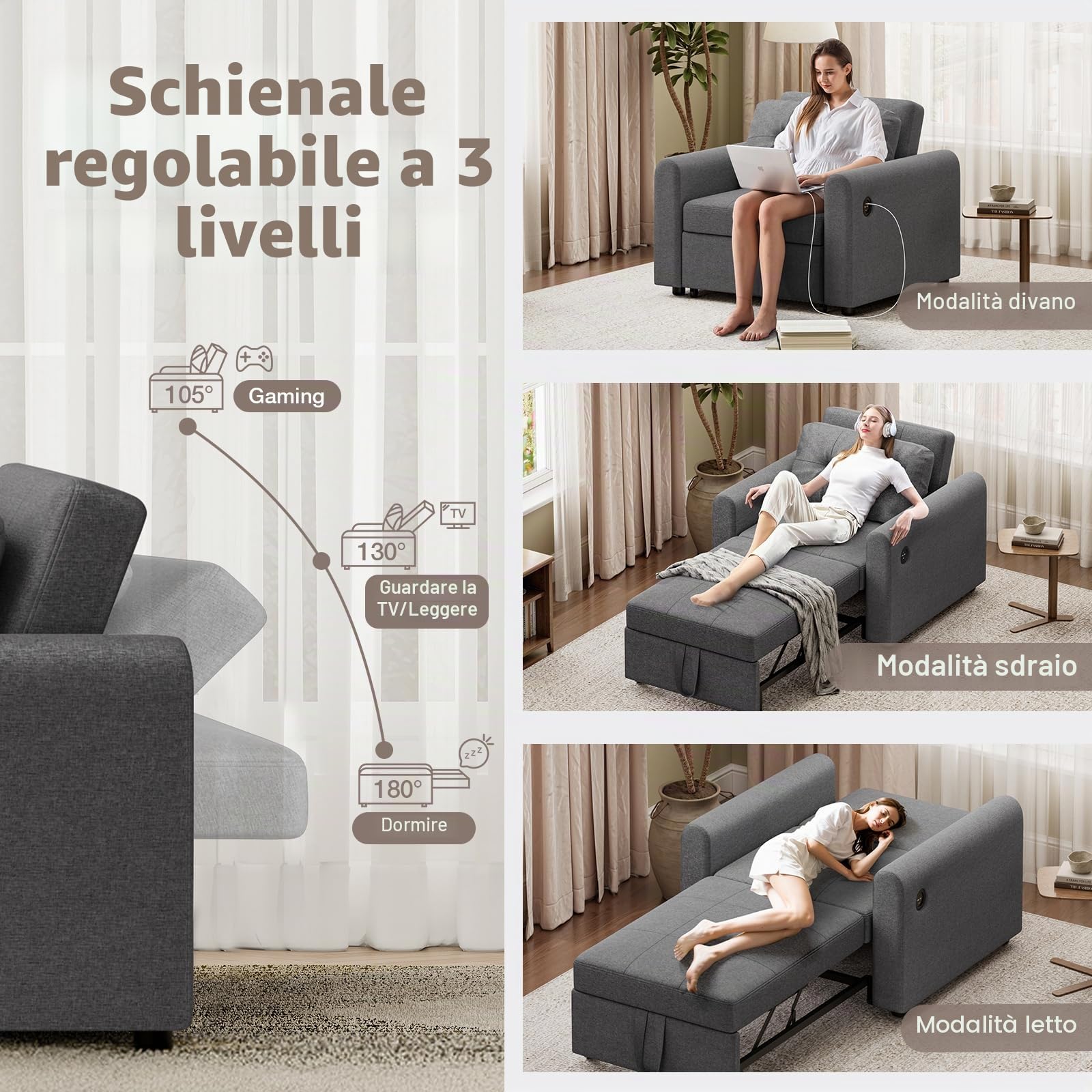 Divano Letto 3 in 1 con USB e Porta Type-C, Divano Pieghevole Salvaspazio con Cuscino Morbido, Tasche Laterali, Schienale Reclinabile, Rivestimento in Tessuto Sherpa, 84x190cm, Grigio Scuro
