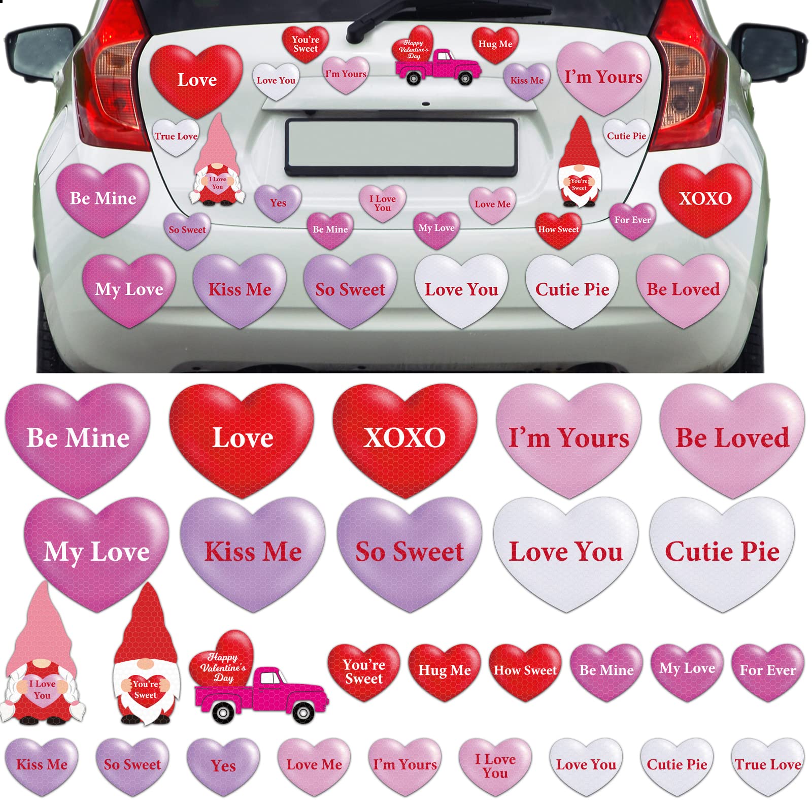 28pcs Valentine's Day Car Magnets Kit, Reflective Heart Shape Fridge Refrigerator Magnetic Stickers Automotive Garage Door Magnets for Valentine's Day