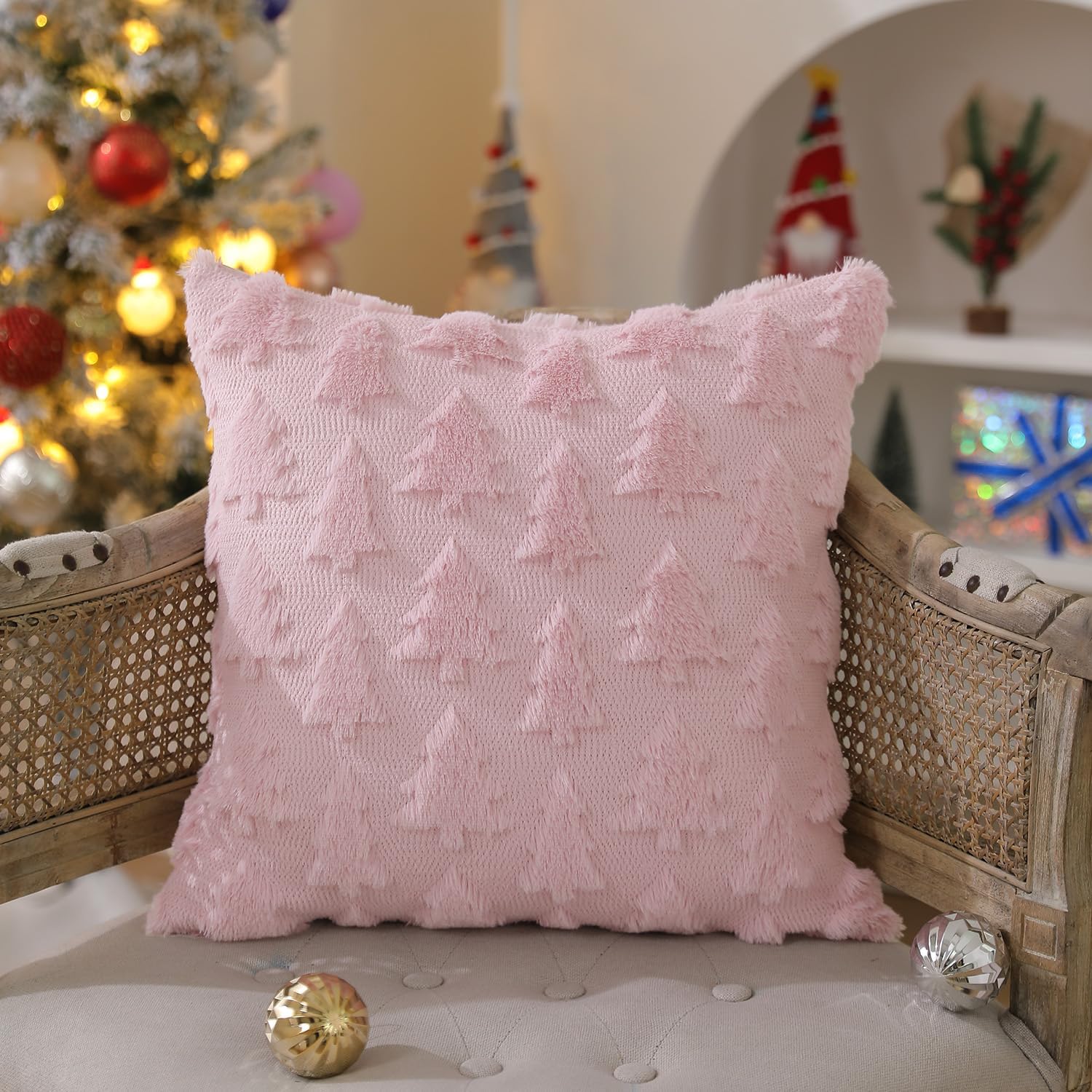 DFXSZ Christmas Tree Pillow Covers 18x18 inch Set of 2 Christmas Decoration Pink Soft Plush Faux Fur Jacquard Throw Pillows for Bedroom Sofa Holiday Festivals Winter Home Decor PTK006D18 - Image 5