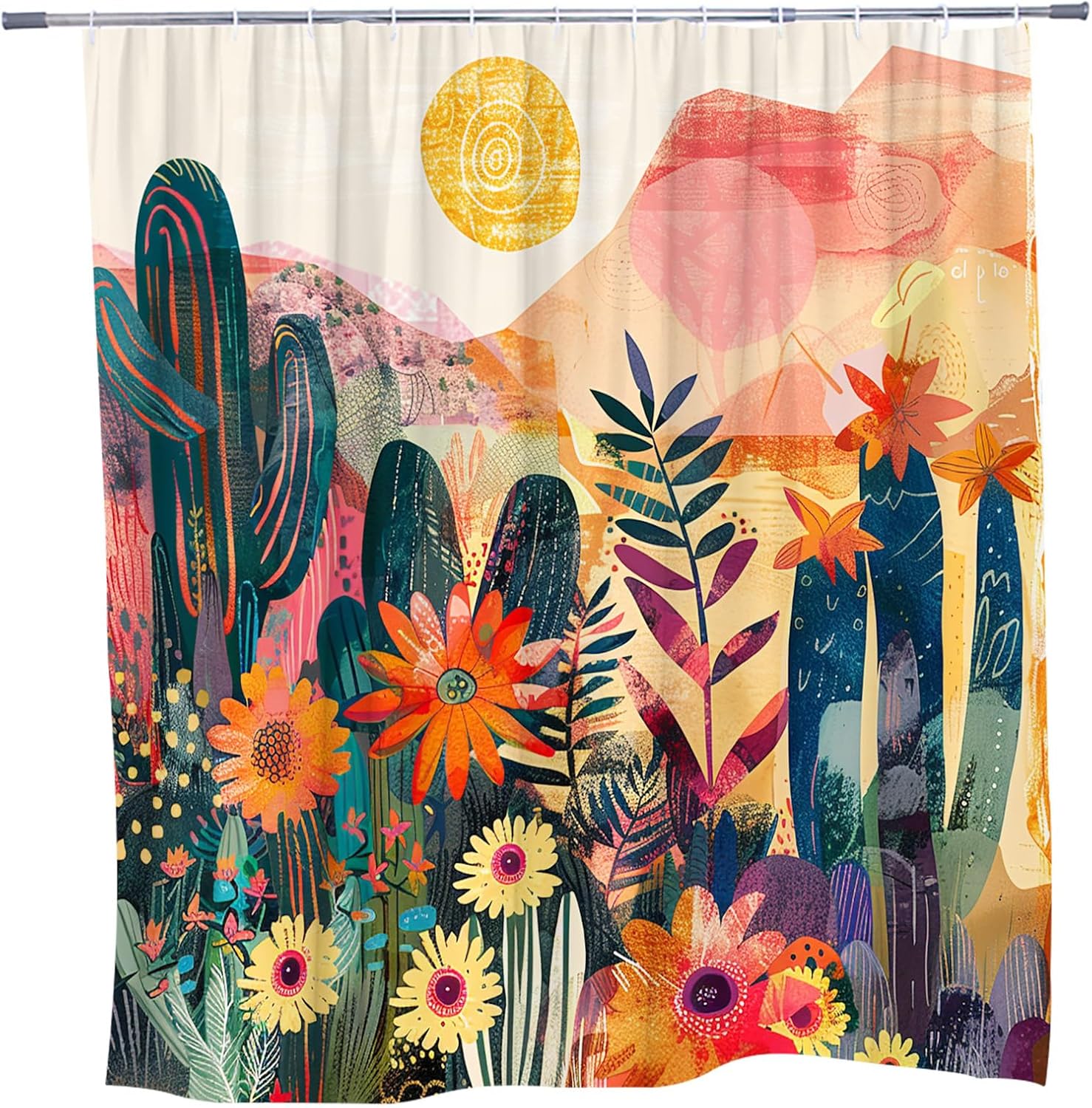 Cactus Mountain Illustration Watercolor Shower Curtain Landscape Wildflowers Desert Plants Colorful Spring Summer Art Modern Bathroom Decoration Polyester Waterproof with Hooks 108 x 70 in