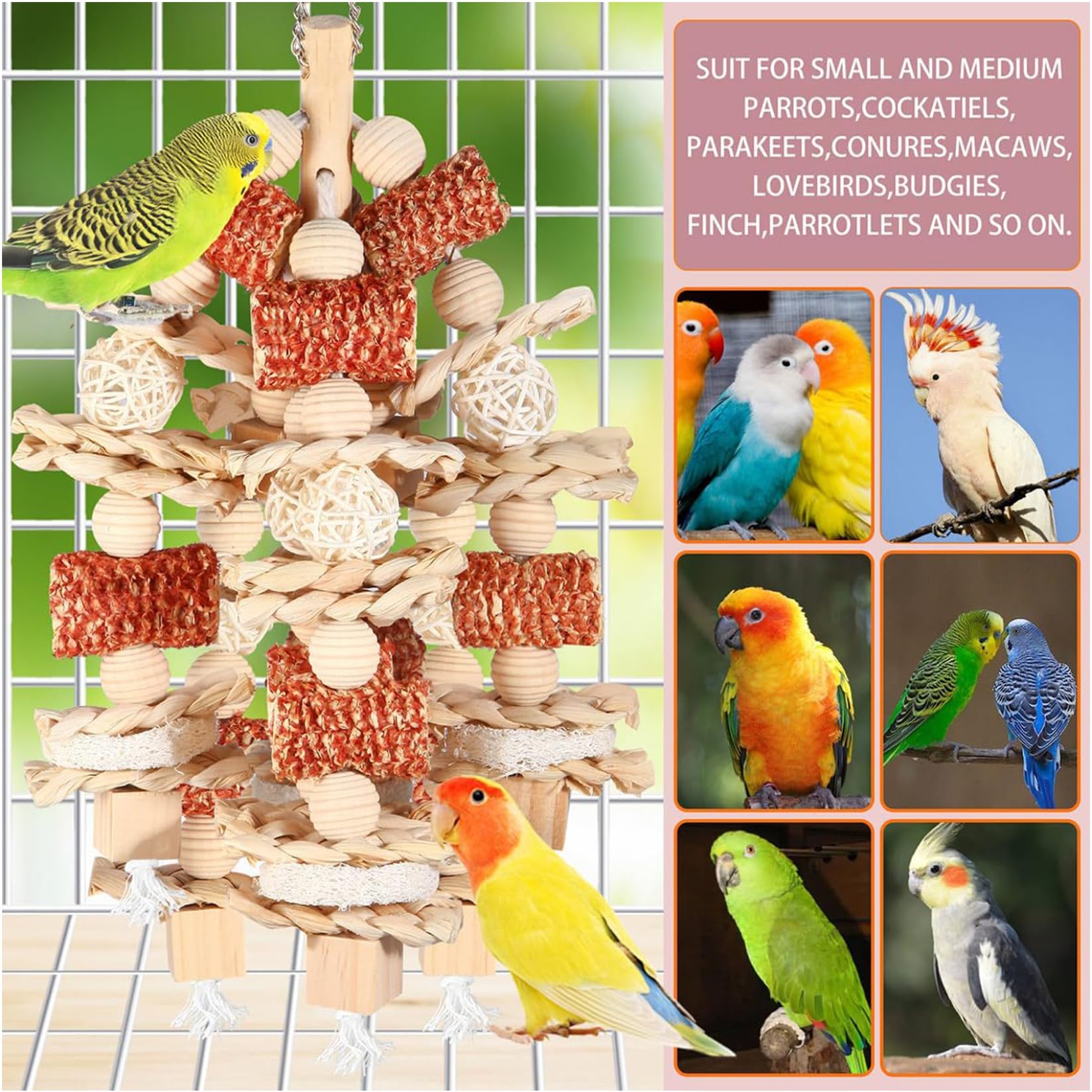 Juguetes para Loros para pájaros Grandes, Juguete Colgante para Masticar y Escalar de 16, 5 Pulgadas con mazorca de maíz, Juguetes Seguros para pájaros de Madera Natural para Loros, guacamayos, CAC