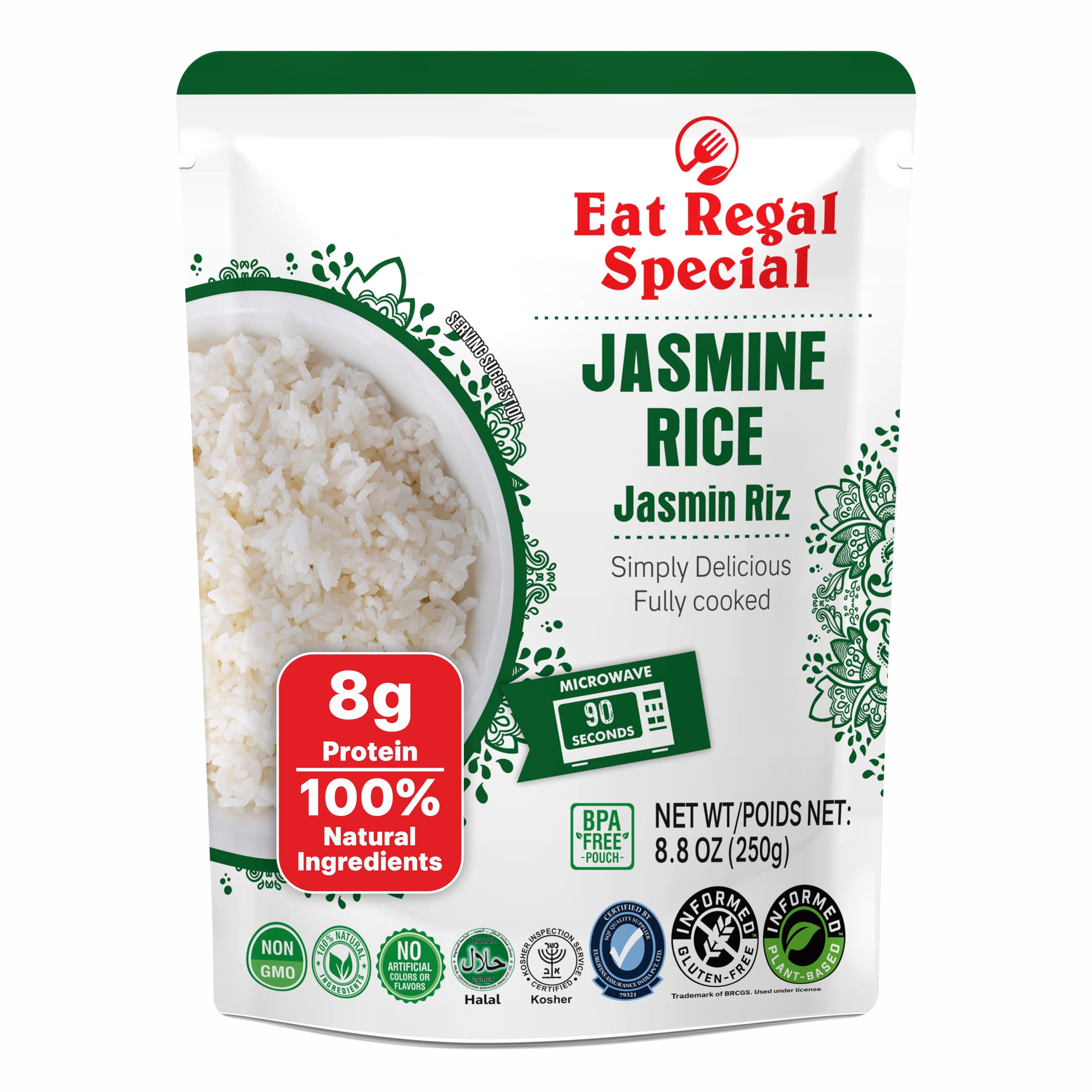 Eat Regal Ready to Eat Jasmine Rice, 8g Protein per Pouch, 1.5 Minutes Microwave Rice, Zero Sodium & Cholesterol, Made with 5 Non-GMO Ingredients, Gluten-Free, Halal & Kosher, BPA-Free Pouch, 8.8 oz Pack of 6