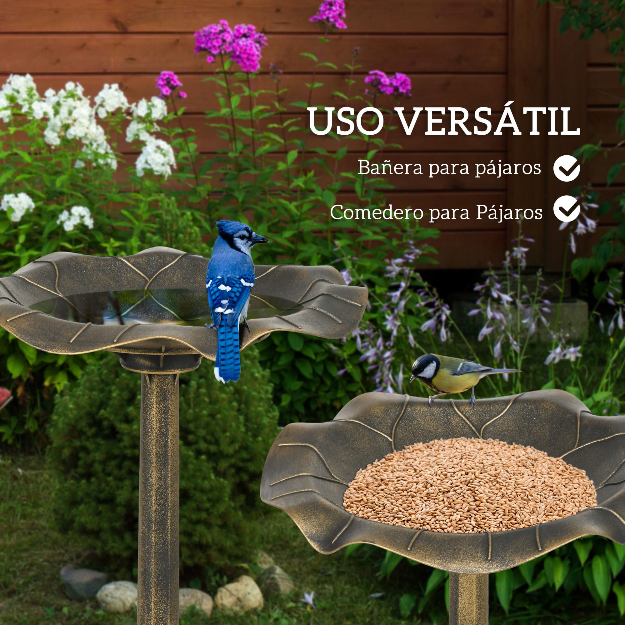 Outsunny Baño para Pájaros de Jardín al Aire Libre, Altura 71 cm, Comedero para Pájaros con Lavabo Diseño Hoja de Loto y Acabado Envejecido, Ligero y Resistente, Bebedero para Aves, Bronce