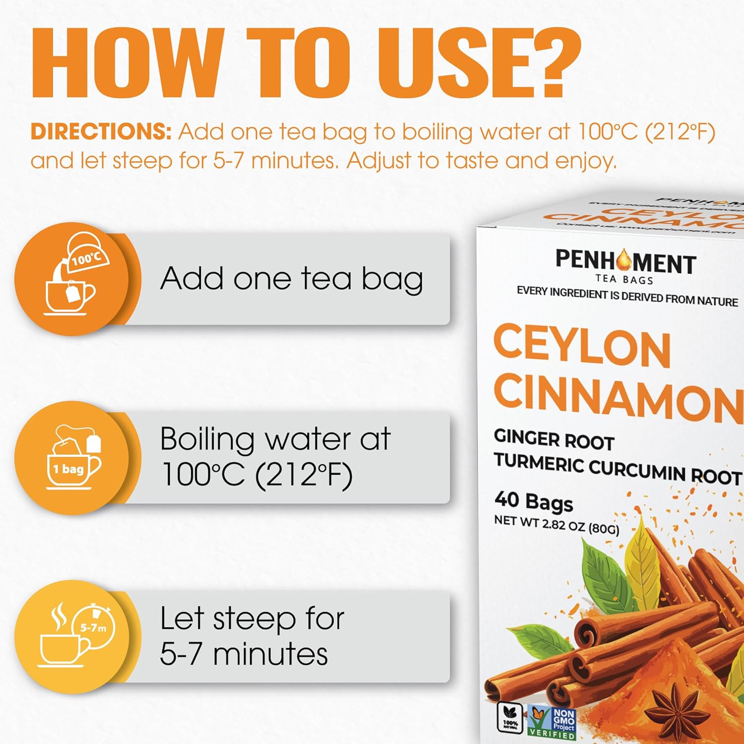 PENHOMENT 3in1 Cinnamon Tea Bags - Ceylon Cinnamon with Ginger, Turmeric - 40 Tea bags, 2gr/bag - Image 6