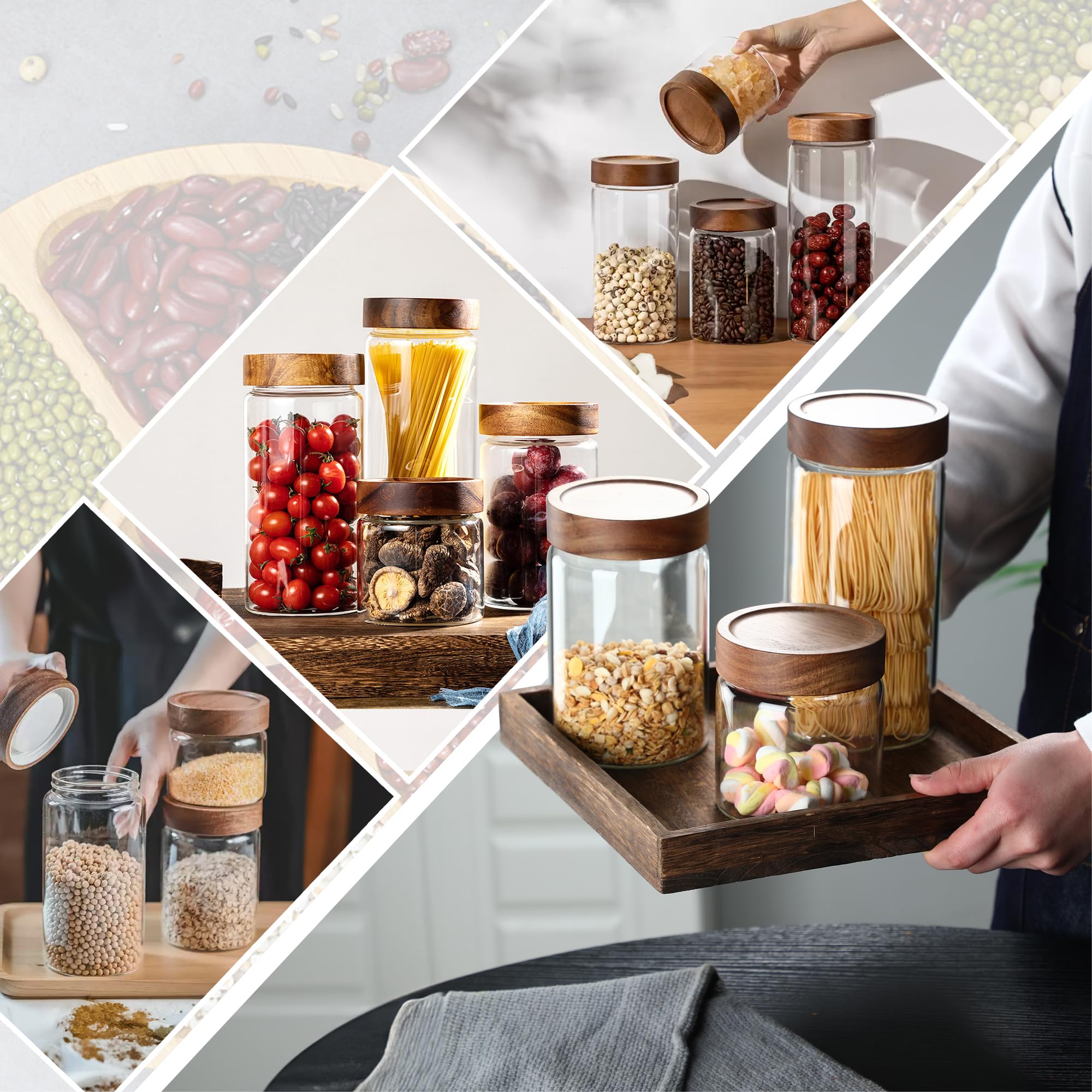 Barattoli in vetro con coperchi in legno, contenitori ermetici trasparenti da 850 ml (set da 3) con tappo a vite, contenitori da cucina per chicchi di caffè, biscotti, decapaggio, pasta