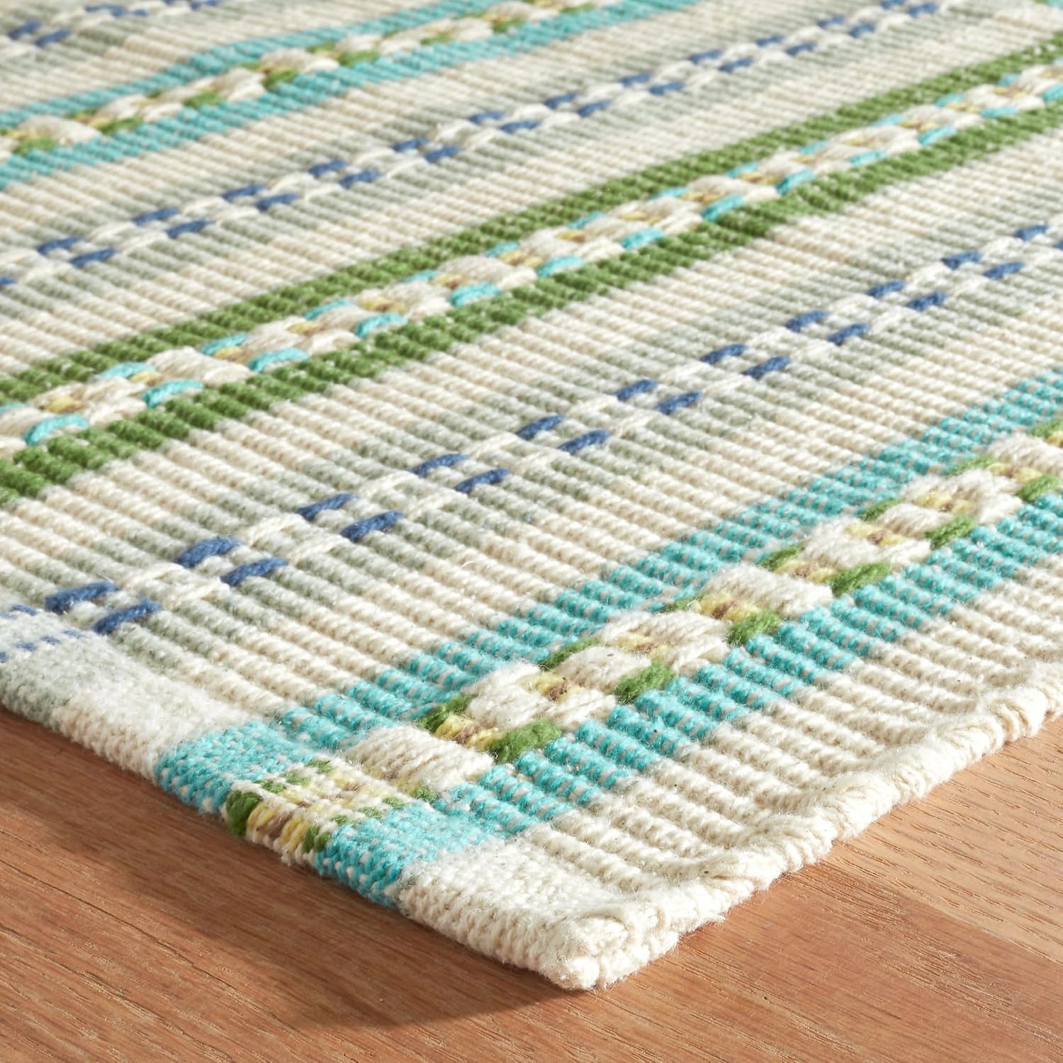 Dash & Albert x Kit Kemp Long Slade Teal Handwoven Cotton Rug, 2 X 3 Feet, Multi Stripe Pattern - Premium Luxury Hotel Quality Soft Breathable Hypoallergenic Machine Washable Easy Care All Season