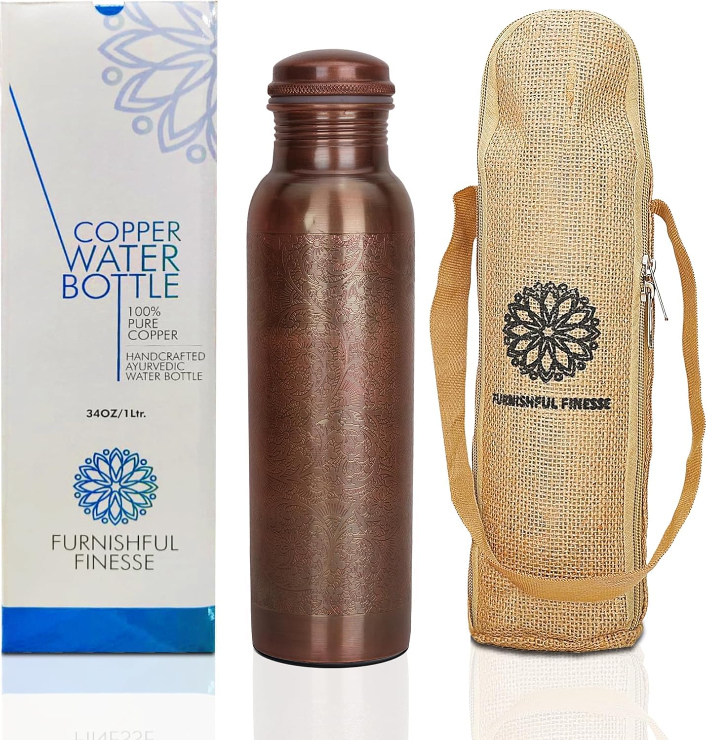Sponsored Ad - FURNISHFUL FINESSE 34 Ounce Antique Copper Bottle 1000 ml Pure Copper Water Bottles with Canvas Carry Bag for Sports, Gym Yoga, Hiking, Handmade Antique Ayurvedic Vessel 1 liter - Pack of 1