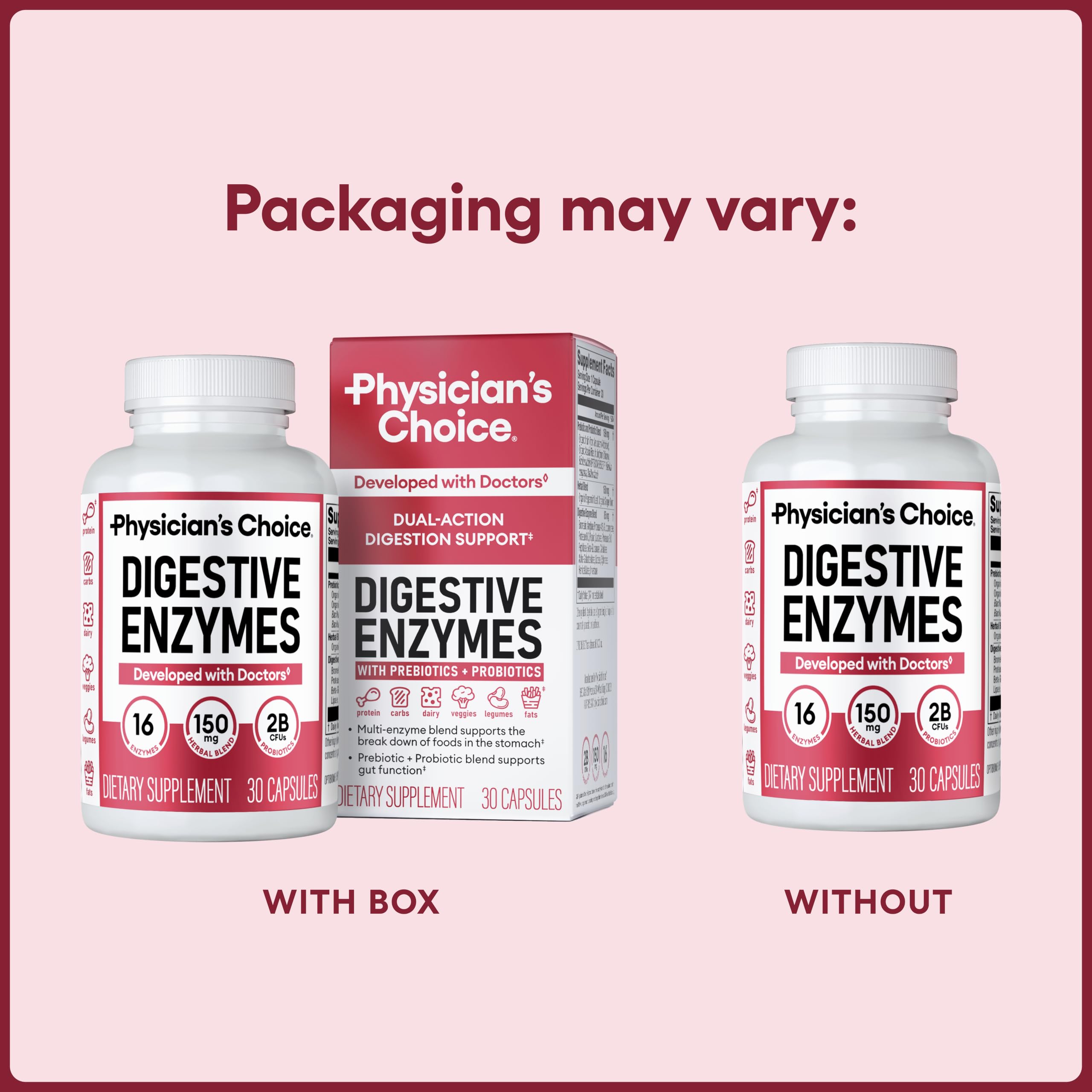 Physician's CHOICE Enzimi digestivi - Multienzimi, bromelina, prebiotici e probiotici organici per la salute digestiva e la salute intestinale - Gonfiore e disagio al momento del pasto - Du