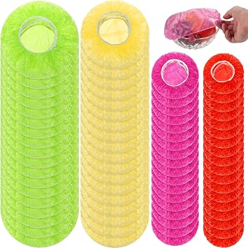 Boao 100 Pcs Reusable Bowl Covers 4 Size Plastic Colorful Elastic Wrap