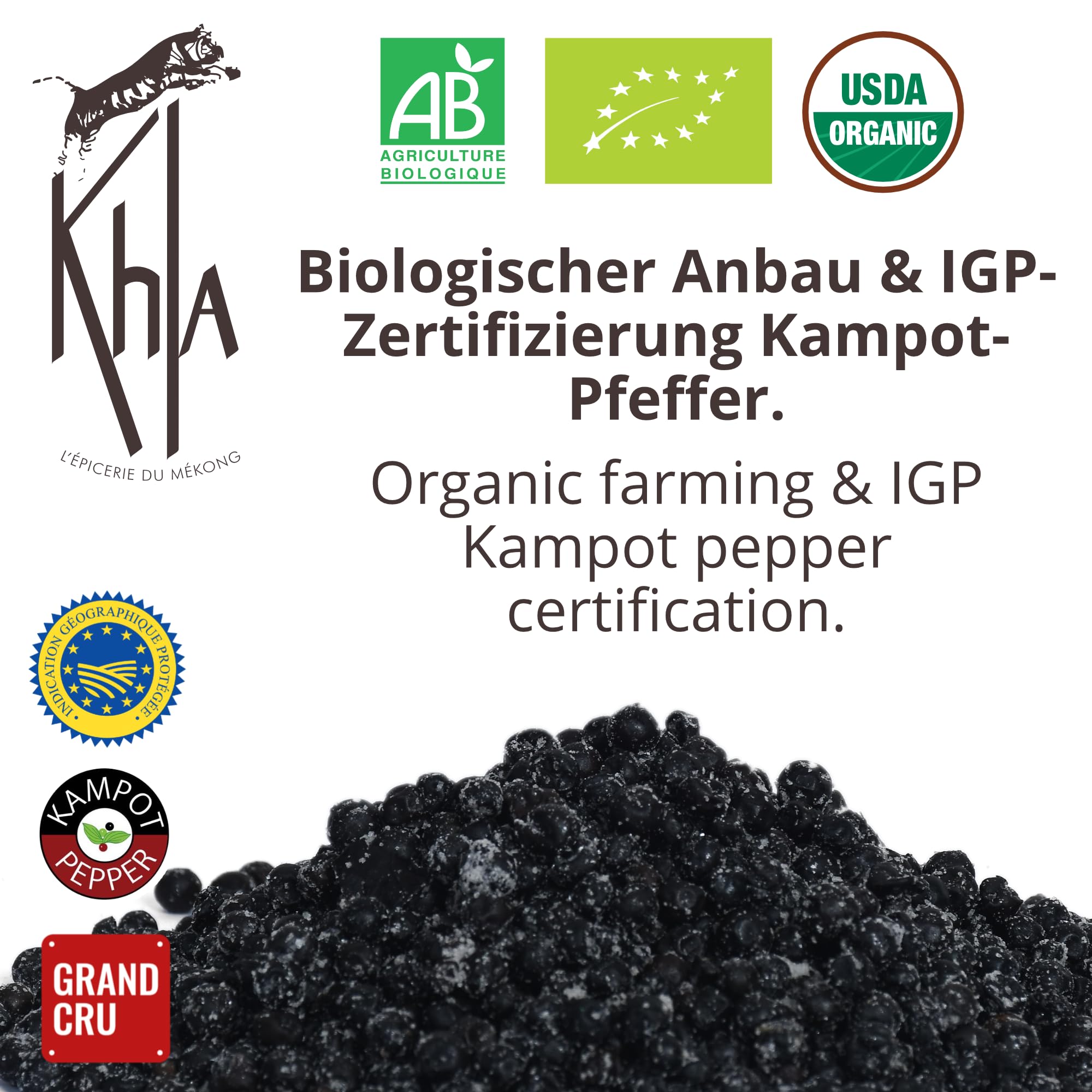 Khla - Grüner Kampot Pfeffer 500g - Frische Ganz Pfefferkörner - Bio-Zertifiziert - Aromatisch & Kräuterig - Direkt vom Erzeuger - Premium Grün Pfeffer - Snack, Saucen - Herkunft Kambodscha