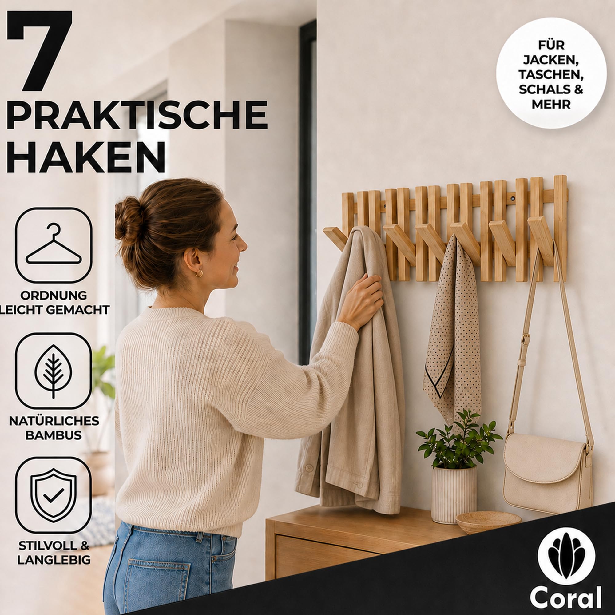 Coral® - Gancio appendiabiti in 100% legno di bambù con 7 ganci (orizzontali), appendiabiti e appendiabiti da parete, ganci da parete per vestiti e giacche, pannelli appendiabiti e ganci da appendere