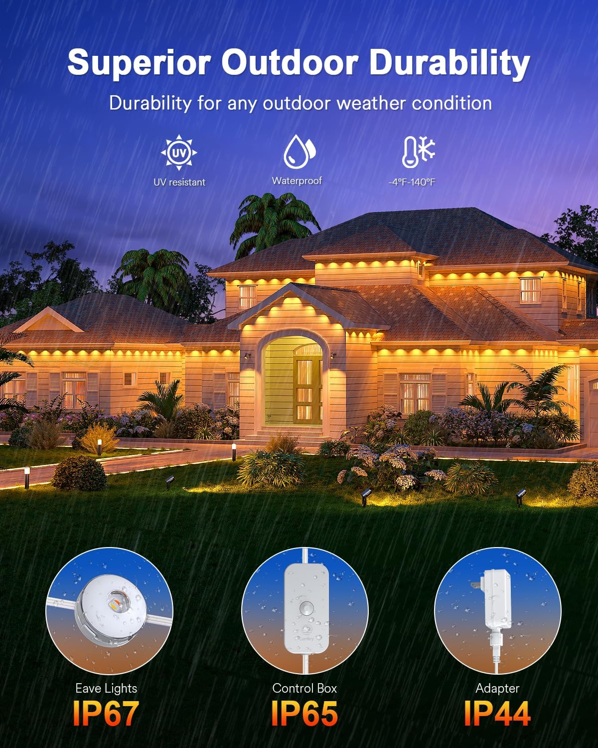 Lumary Permanent Outdoor Lights Max 53ft with 40 LED Eave Lights RGBAICW 2400LM, IP67 Waterproof, IC Control and Scene Modes for Halloween Christmas Decoration, Works with Alexa and Google Assistant
