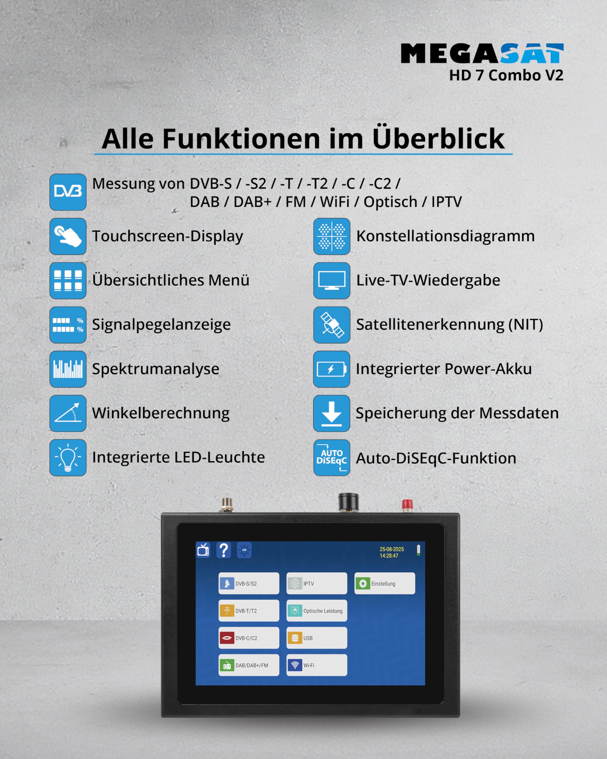 Megasat HD 7 Combo V2 – Combo-Messgerät mit Live-TV-Bild – Schwarz | Für DVB-S, DVB-S2, DVB-T, DVB-T2, DVB-C, DAB+, Unicable, 8,9″ Farbdisplay, Touchdisplay, Akku, Lampe