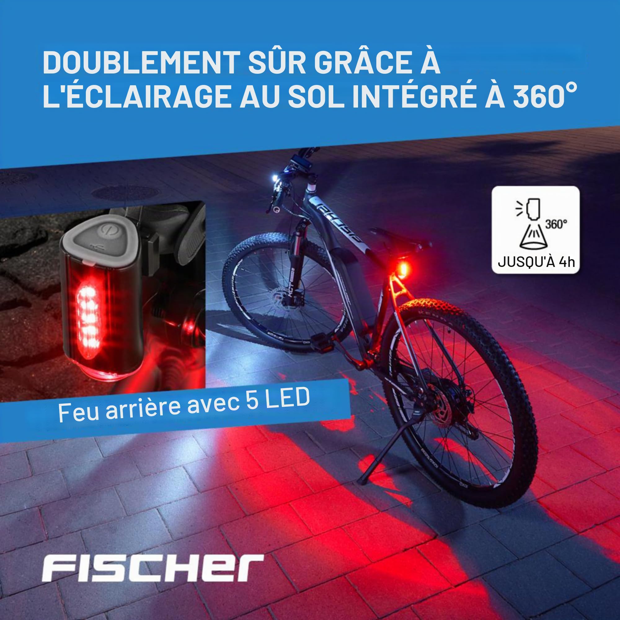 Fischer Kit d'éclairage LED pour vélo - Kit d'éclairage de vélo - Rechargeable par USB - Feu Avant et arrière - Éclairage de Sol