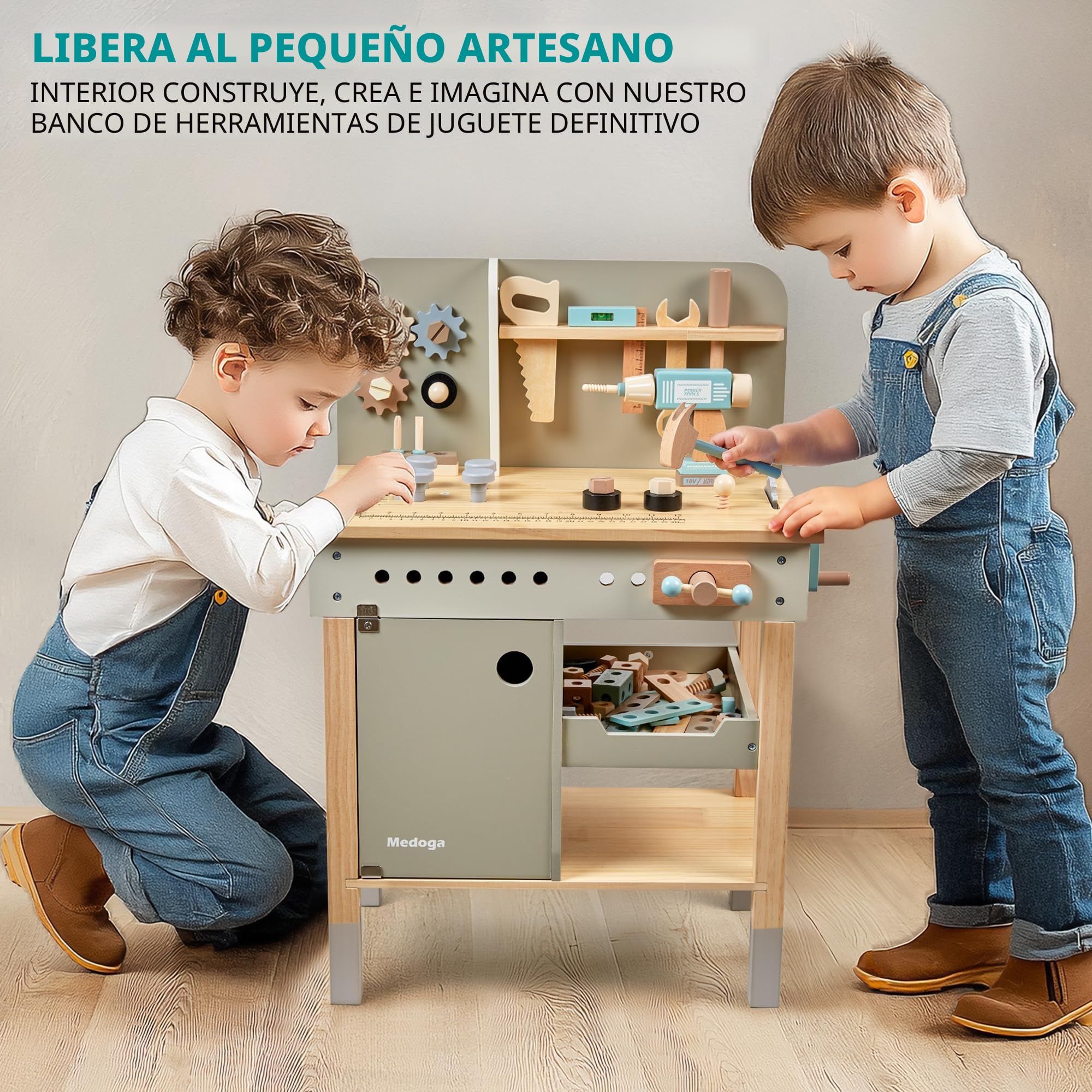 Banco de herramientas para niños, juego de herramientas de juego de madera con cinturón de herramientas para niños, banco de trabajo para niños, juego de herramientas de construcción de simulación