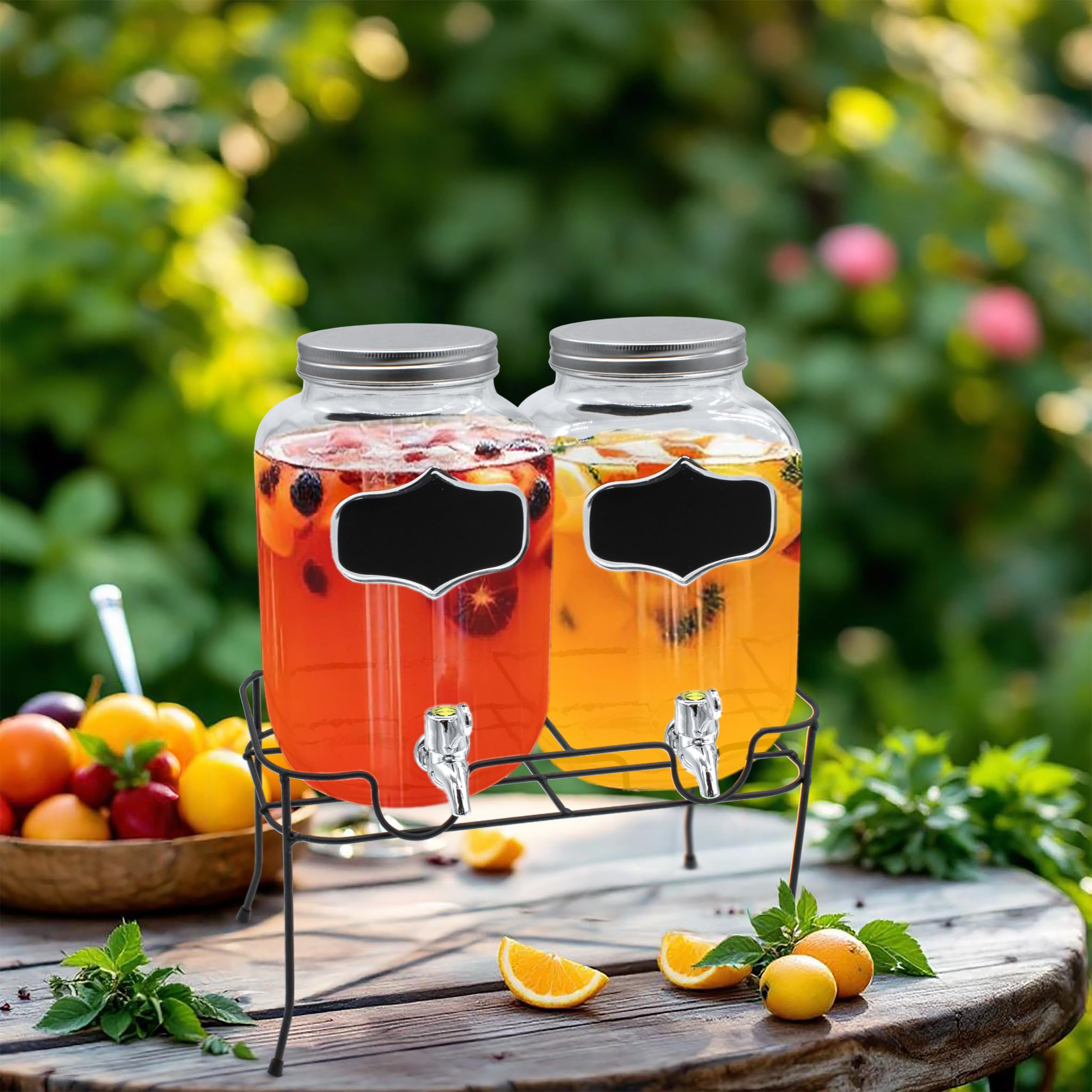 Getränkespender Set 2x 4 L Glas mit Zapfhahn und Gestell | Dekorativer Blickfang für Küche, Gartenfest oder Candy Bar, praktisch für das Servieren von Getränken