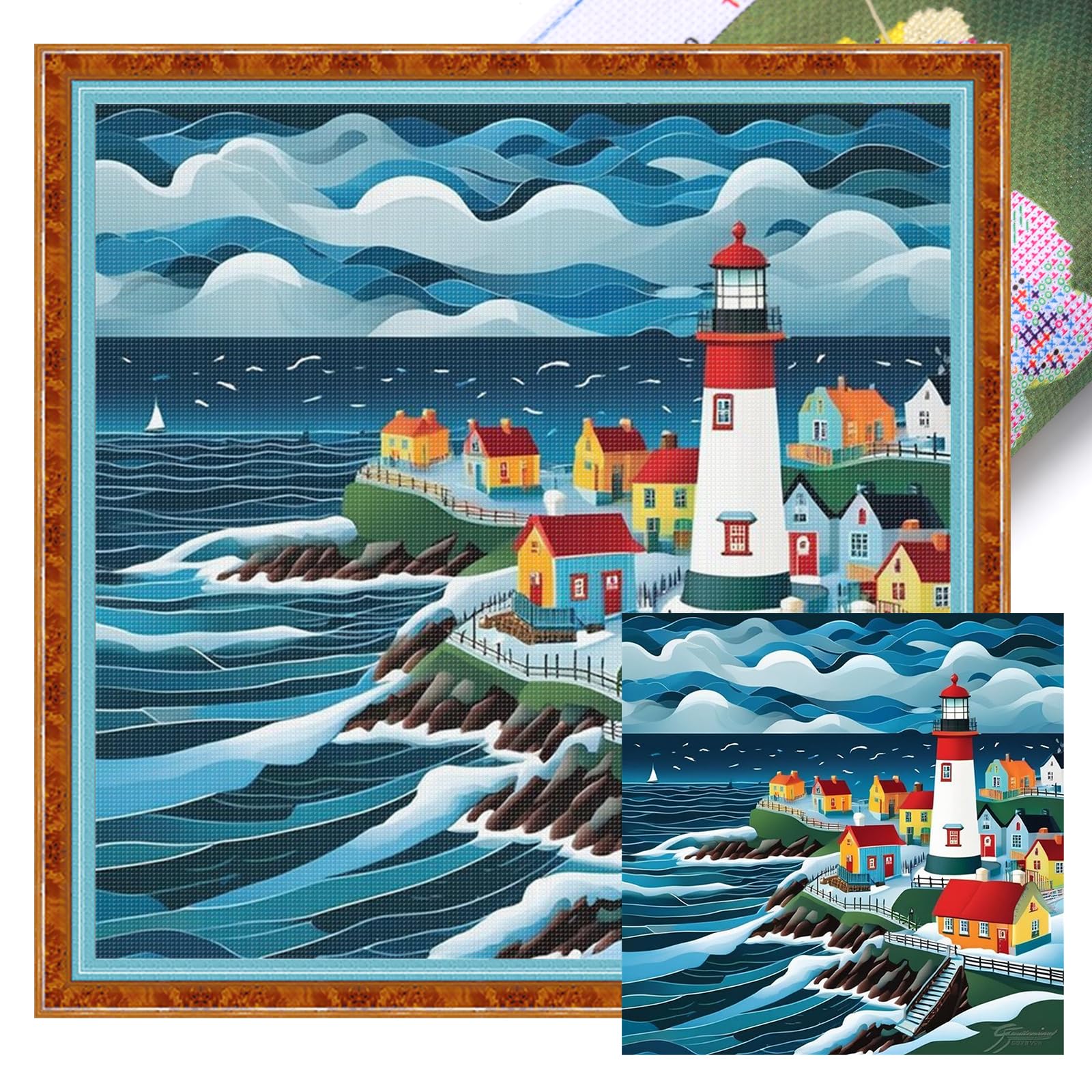 Poetrydraw Lighthouse Town Full 11Ct Diy Stamped Cross Stitch Kits 45X45cm Home Decor (Lighthouse Town)