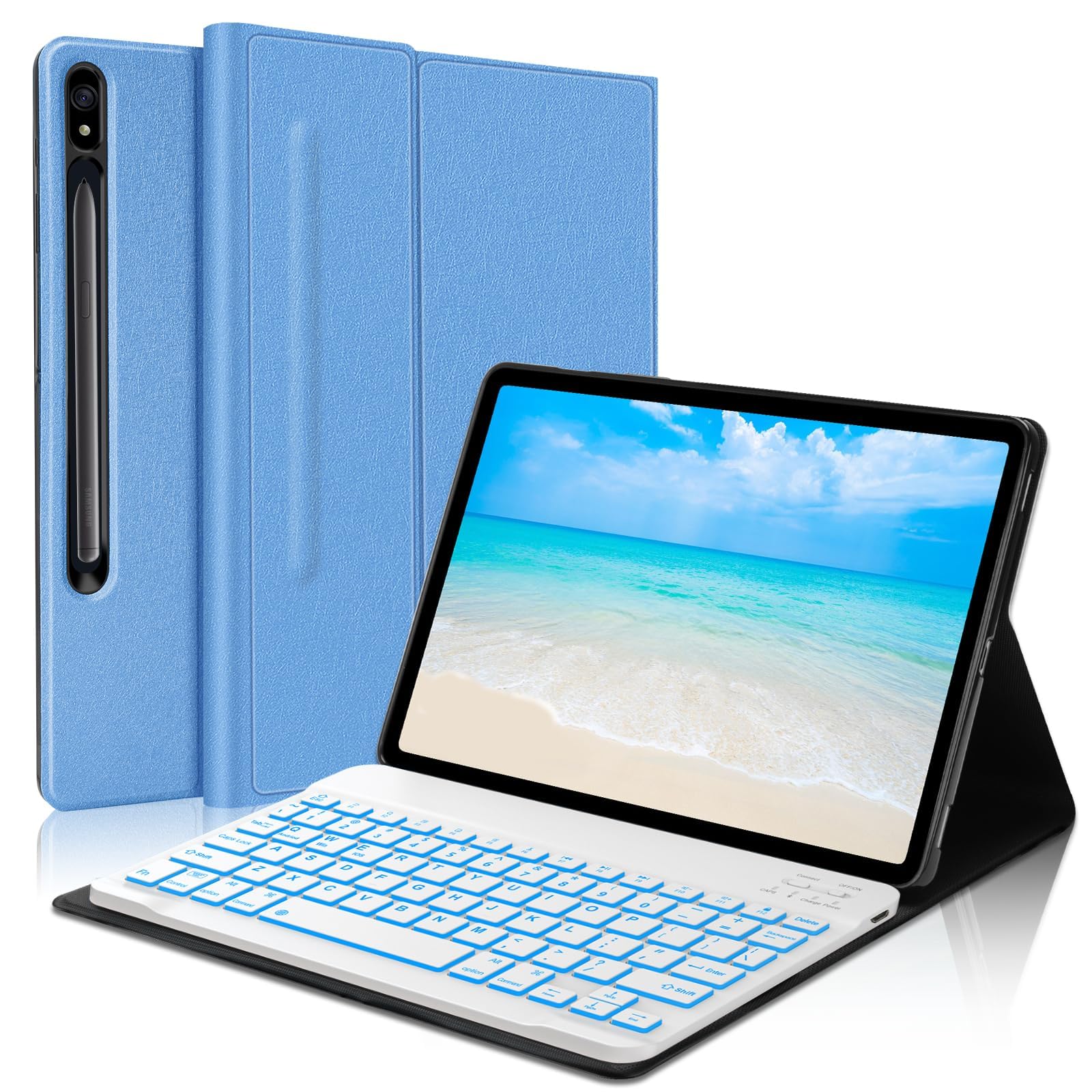 Keyboard Case for Galaxy Tab S10 Lite/ S10 FE /S9 FE 5G 10.9 /S9 11 Inch, 7 Color Backlit Detachable Wireless Tablet Keyboard, Slim Folio Stand Magnetic Cover Case with S Pen Holder, Auto Wake/Sleep