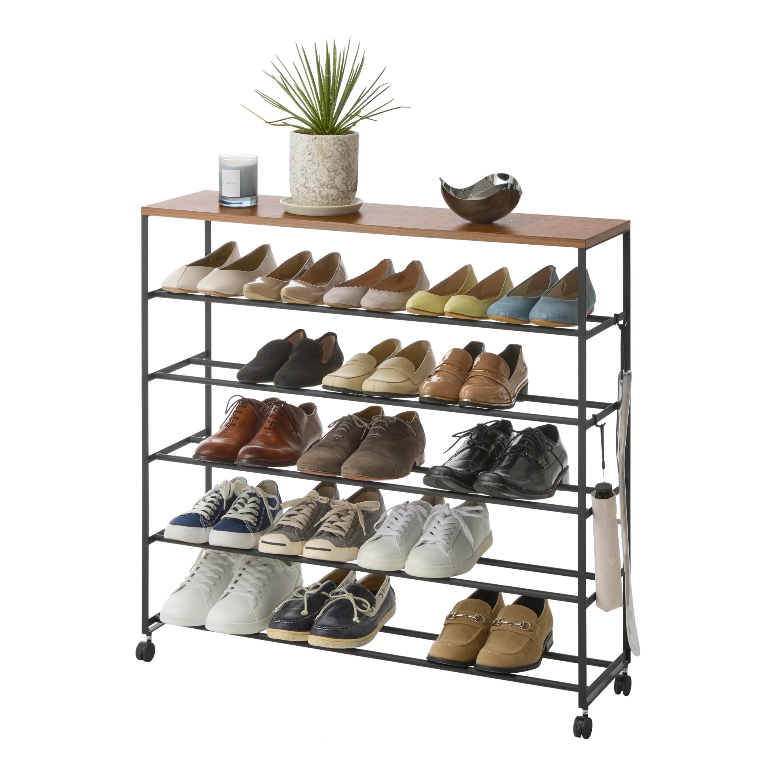 YAMAZAKI Home Tower Rolling Five-Tier Shoe Rack, Steel Frame with Wooden Top, Space-Saving Shoe Organizer On Wheels, 34" - Steel + Wood -