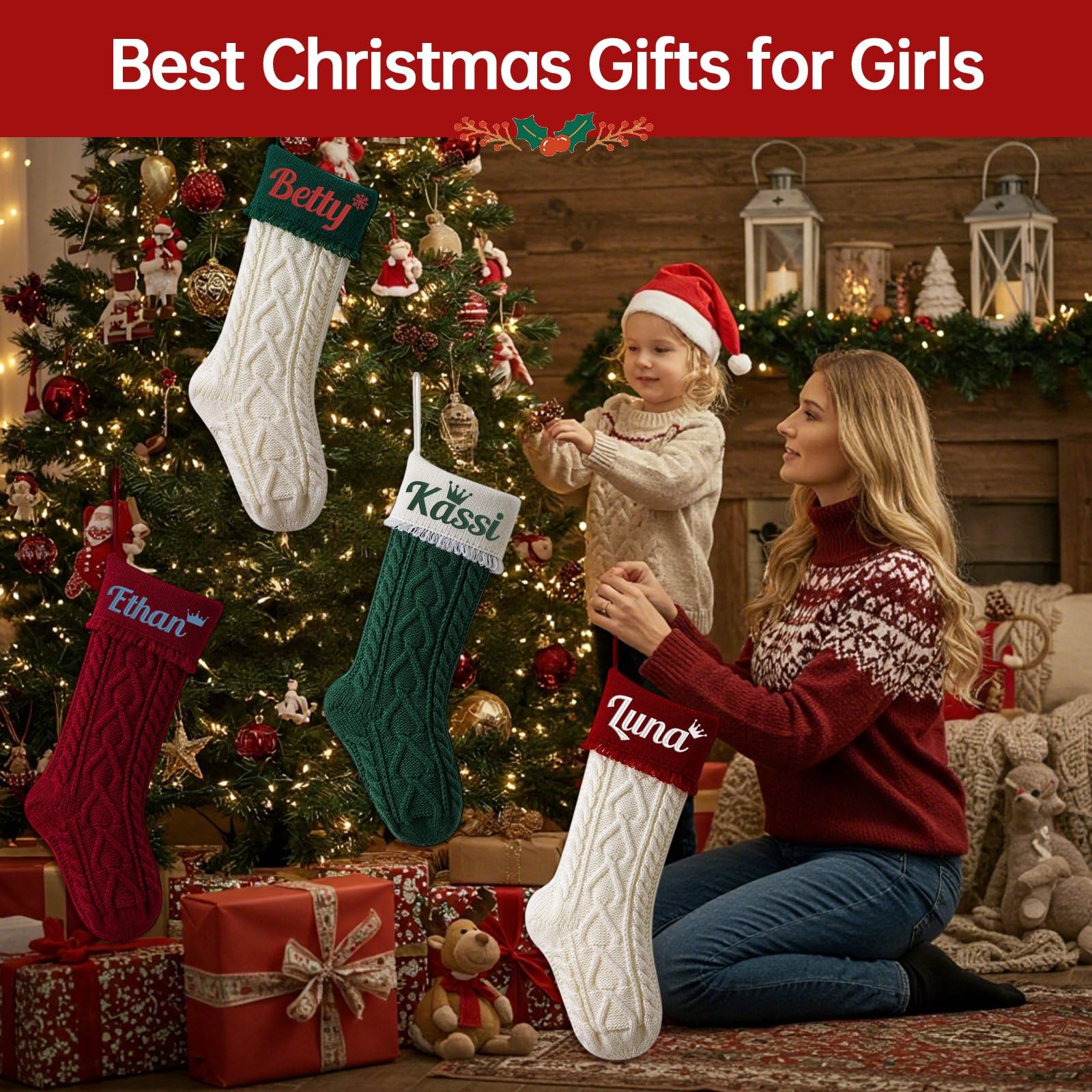 6 calze natalizie grandi con nomi personalizzati, 45 cm, con nome ricamato personalizzato, 45,7 cm, calza lavorata a maglia, per feste, Natale, decorazioni per la famiglia