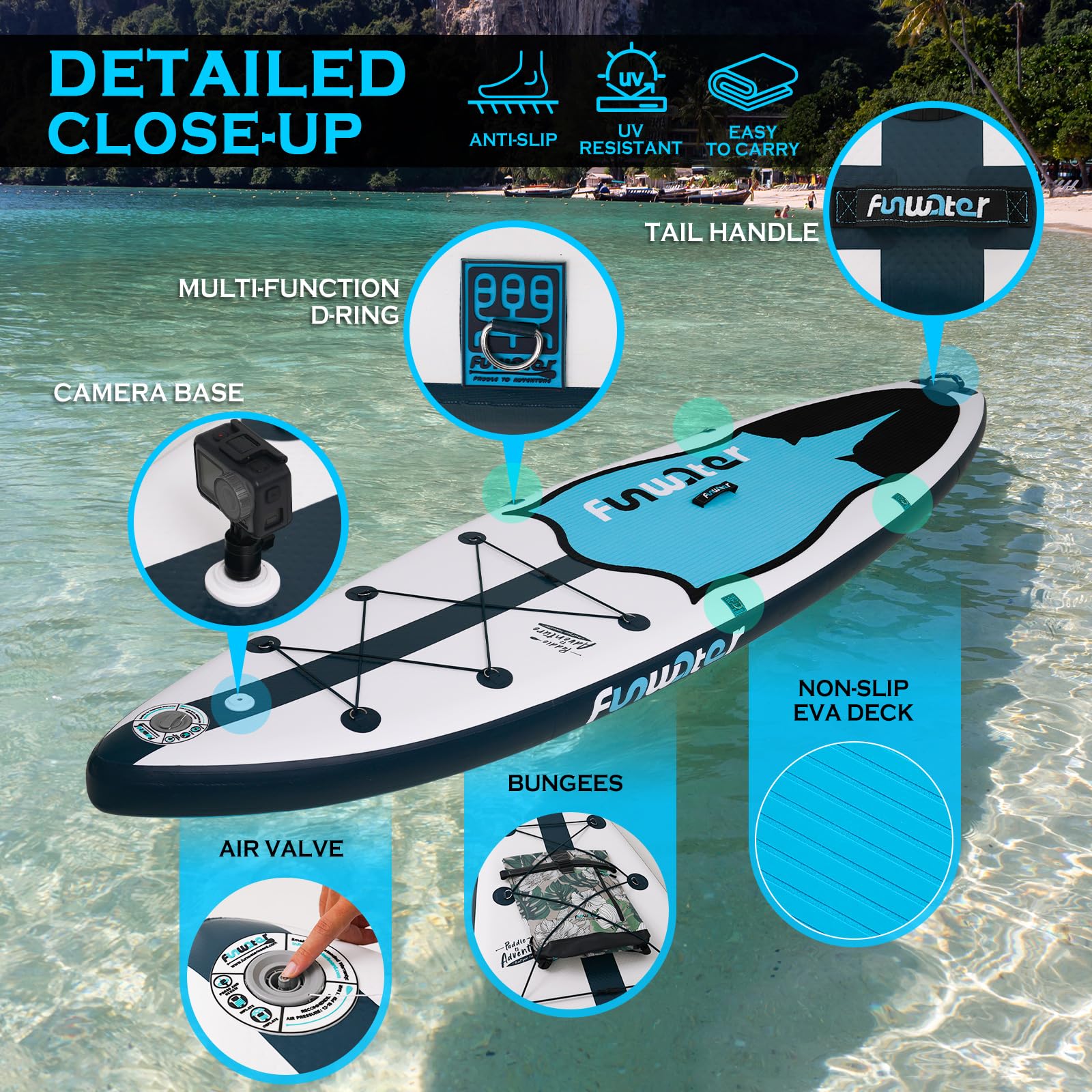 Tavola SUP Gonfiabile FunWater - 320x83x15cm, Con Accessori: Pagaia, Pompa, Zaino, Per Adulti - Foto 9