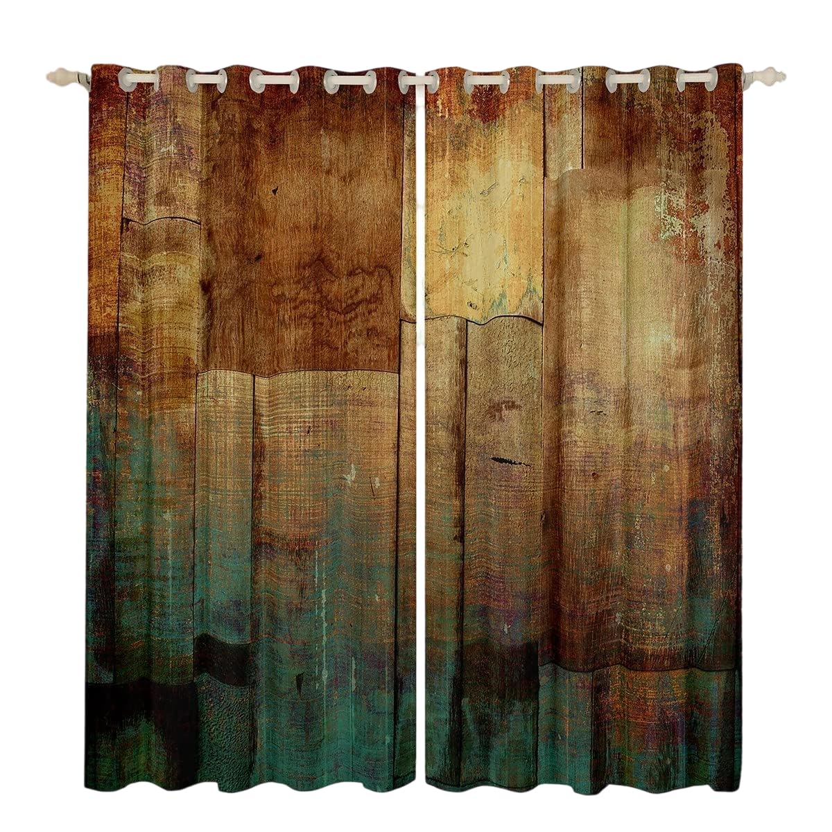 Homewish Men's Multi 03 Rustic Wooden Curtains For Man Woman,Blue Orange Blackout Curtains 66""X90"" Inch,Farmhouse Curtains & Drapes,Abstract Country Style Window Treatts 2 Panels Home Room Decor