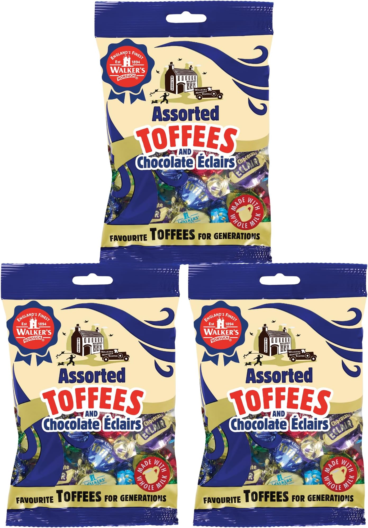 Walkers' Nonsuch Assorted English Toffees & Chocolate Éclairs – British Candy Mix with English Creamy Toffee, Milk & Dark Chocolate Covered, Banana Split & Eclairs – 5.29 Oz (Pack of 3)
