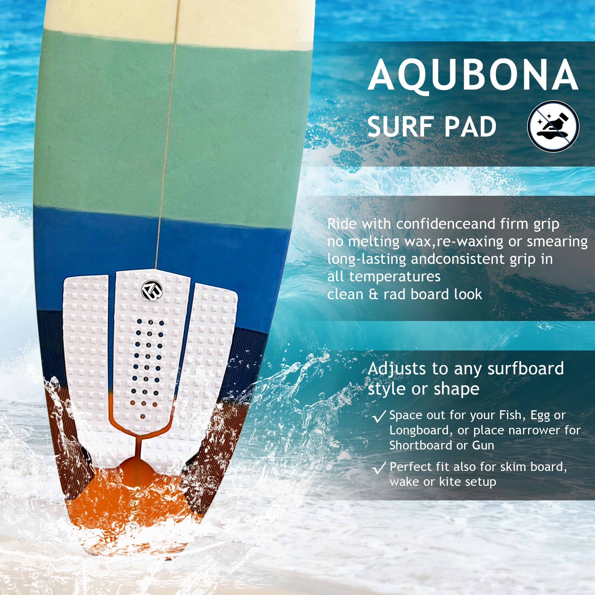 Lot de 3 patins de traction pour planche de surf en EVA avec adhésif 3M professionnel - Pour toutes les planches : planches de surf, shortboards, longboards, skimboards - Plusieurs choix de couleurs