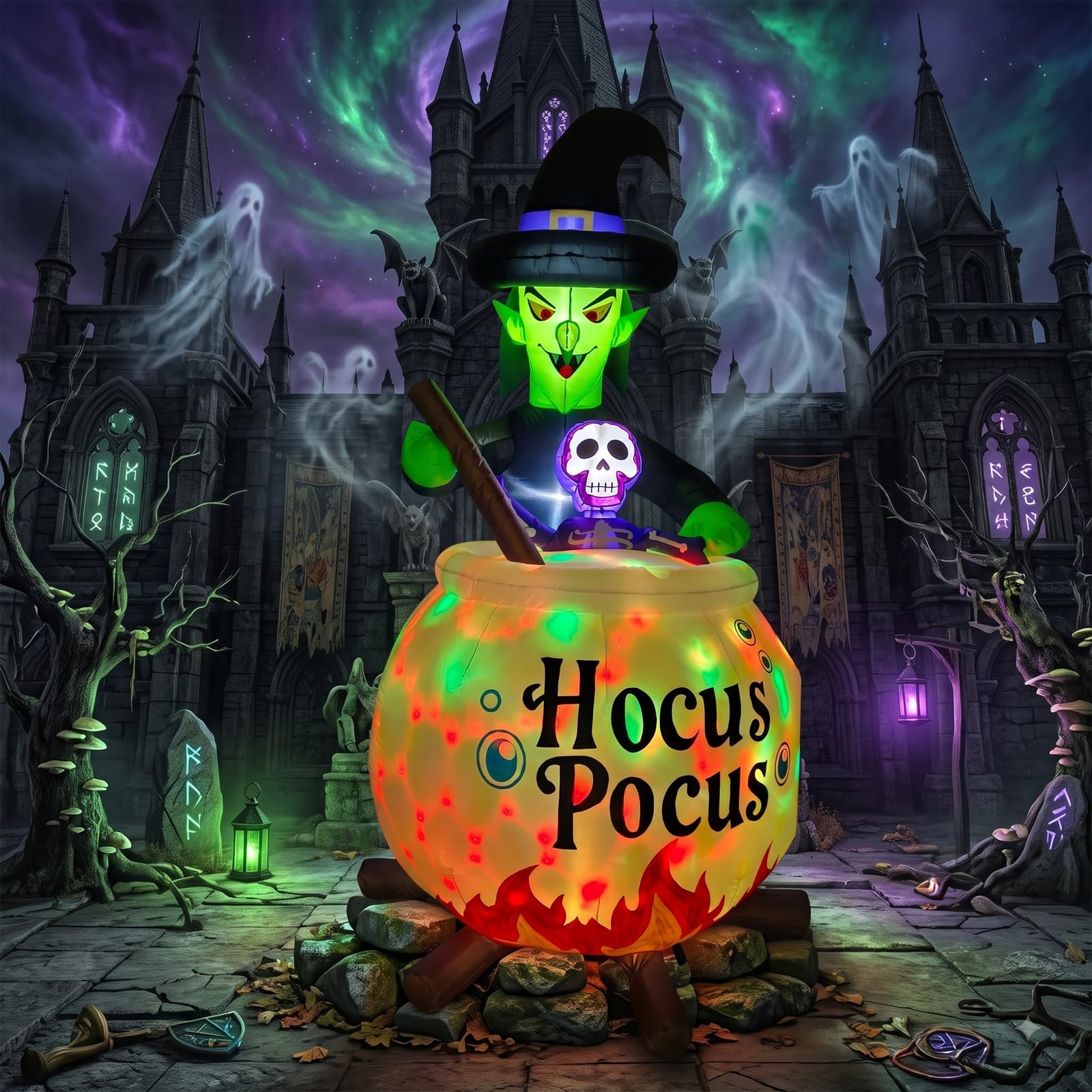 6 FT Halloween Inflatable Witch and Cauldron with RGB Lighted Halloween Blow Ups Outdoor Decorations for Yard, Lawn, Garden, Porch and Party