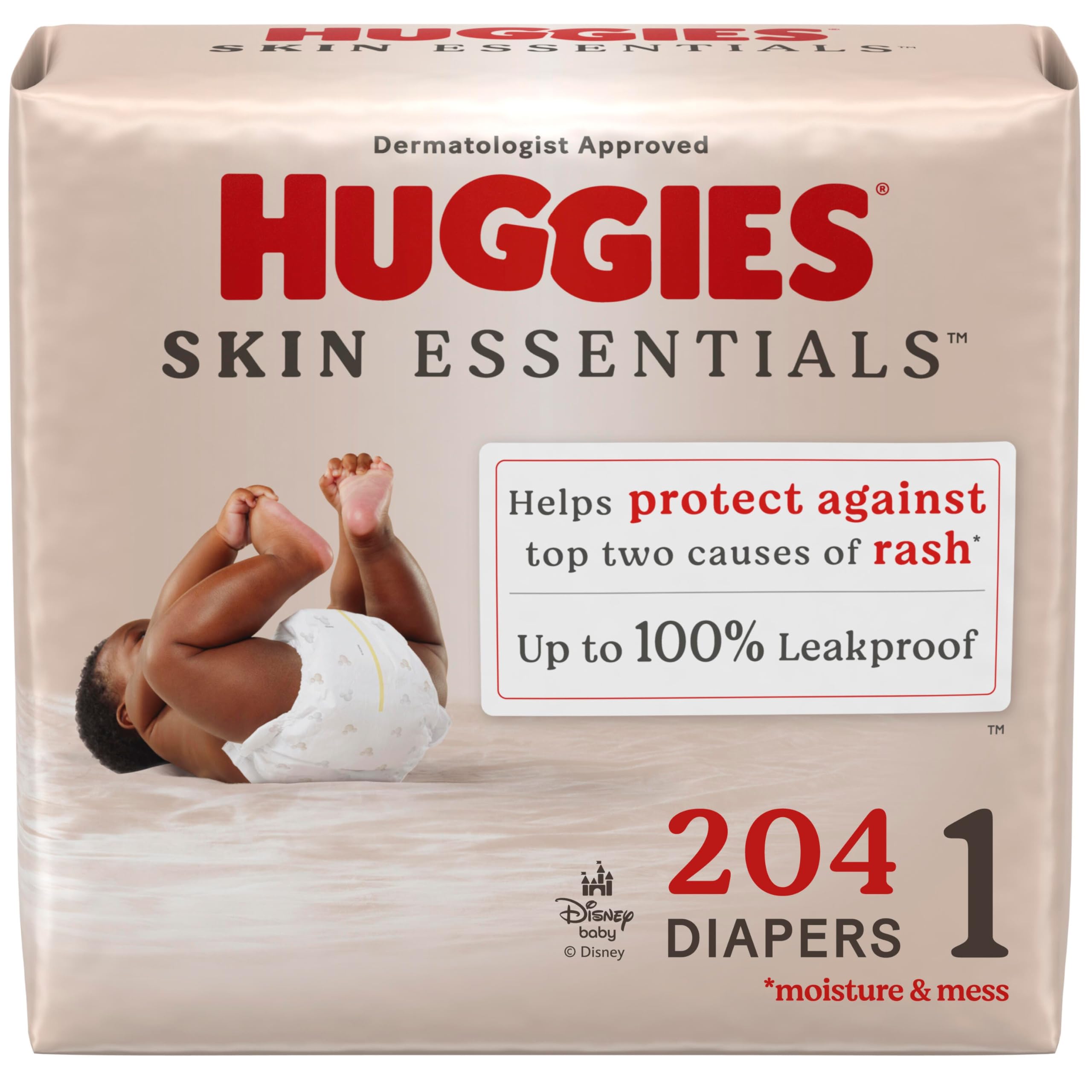 Huggies Size 1 Diapers, Skin Essentials Baby Diapers, Size 1 (8-14 lbs), 204 Count (3 Packs of 68), Packaging May Vary Size 1 204