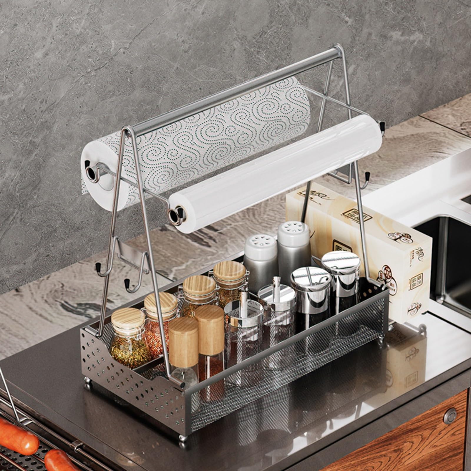 Gewürzdose für Den Grill BBQ Picknick Utensilien Organizer mit Griff und Papierhandtuchrollenhaltern Griddle Camping-Körbe für Outdoor-Küche, Buffet, Party (Color : Silver)