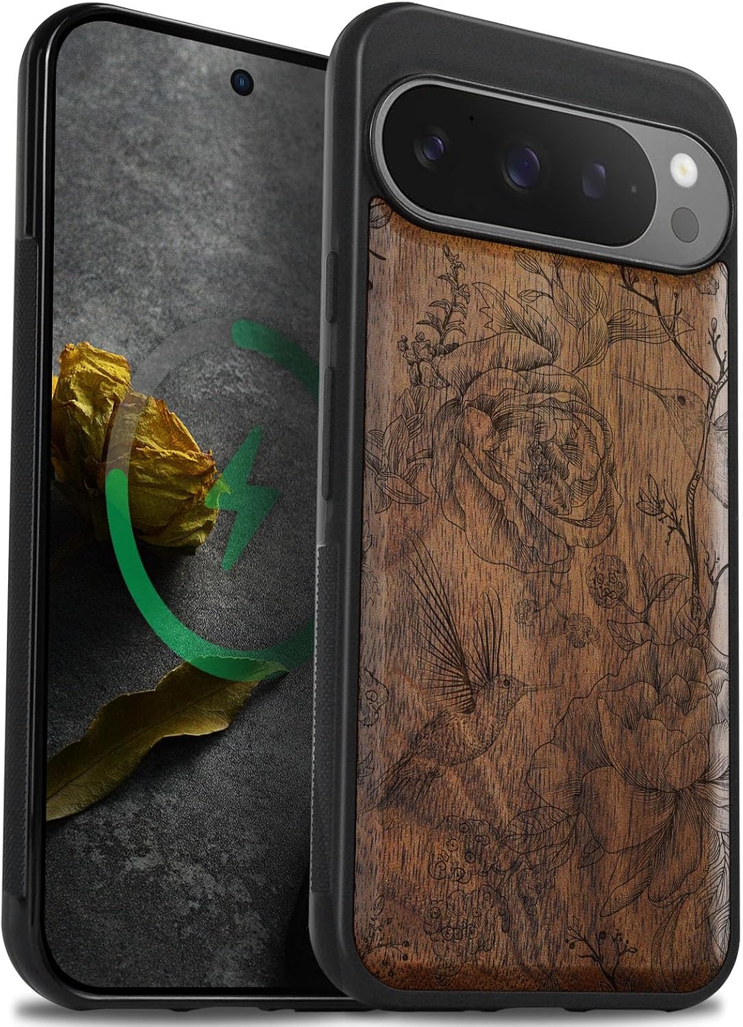 Carveit Magnetic Wooden Case for Google Pixel 9 Pro XL Case, Wood Artisan Engraved & Soft TPU Shockproof Cover, Compatible with MagSafe Wireless Chargers (The Dance of Life and Grace) Walnut
