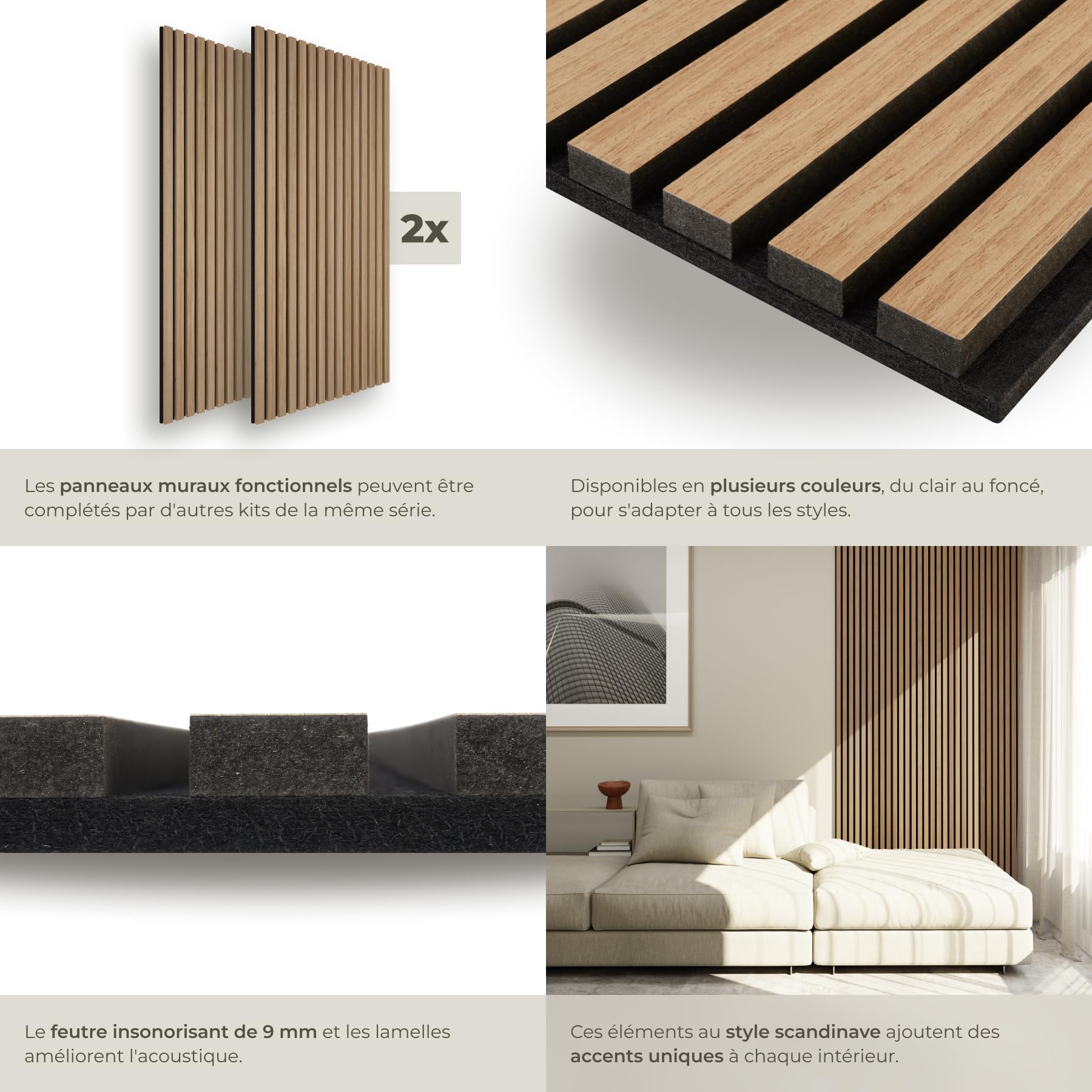 tectake® Lot de 2 panneaux acoustiques muraux et pour plafond, en Bois MDF, 120 x 60 x 2,1 cm par panneau mural decoratif pour isolation phonique Chambre, Bureau, Studio de musique Decoration murale