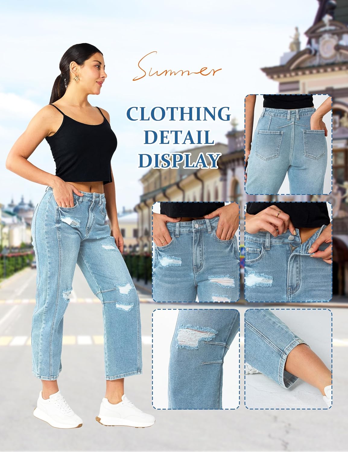 Barrel Jeans Women Stretchy Fabric & Ripped Style Wide Leg Ankle Pants, Suit for Midsize Woman Everyday Casual