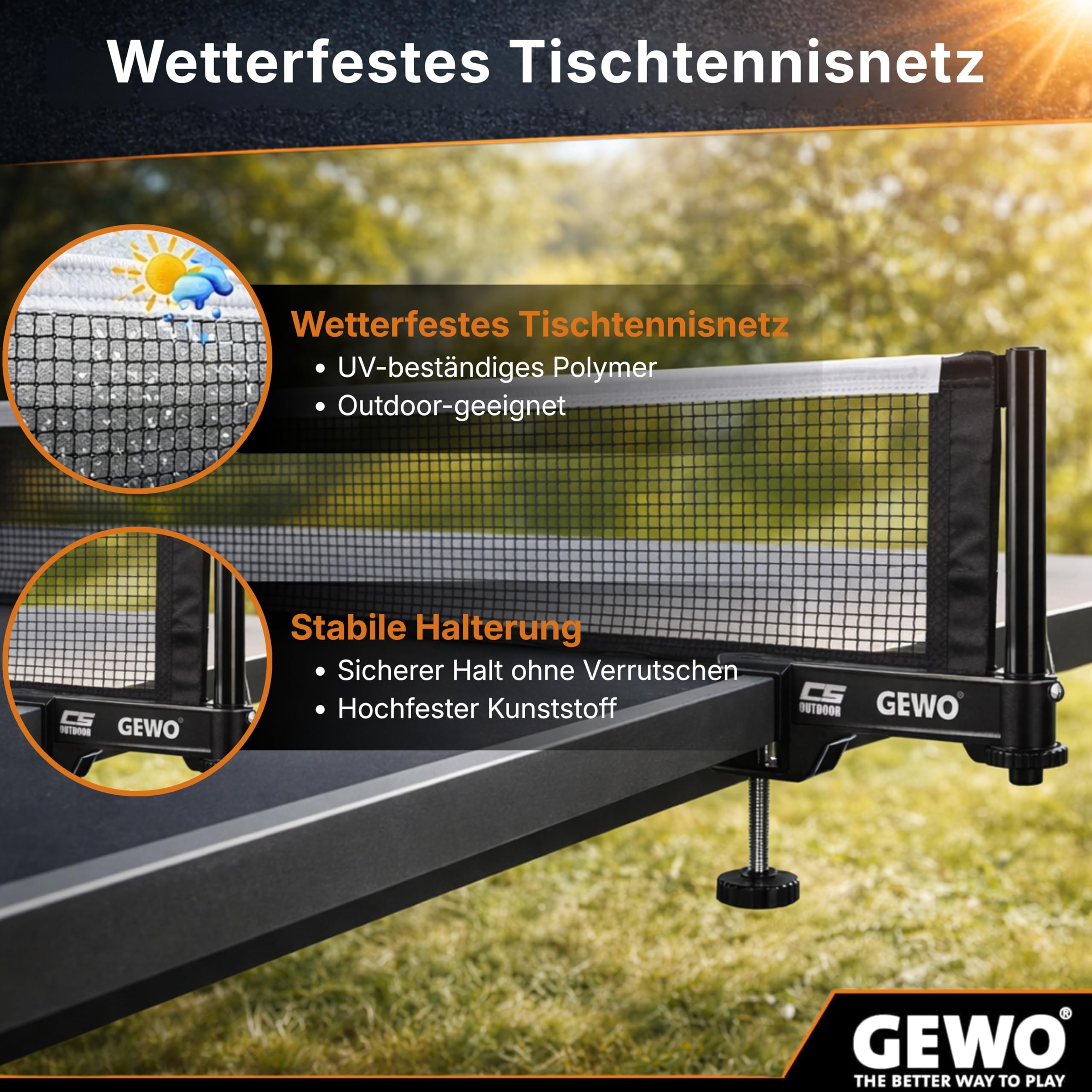 GEWO CS Outdoor - Rete da ping pong per esterni, resistente alle intemperie, robusta struttura a rete e comoda vite in altezza, facile da montare, robusto filo nero