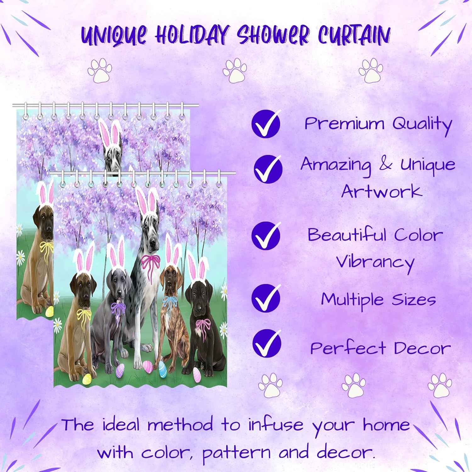 Easter Holiday Great Dane Dogs Shower Curtain - Waterproof Polyester One-Side Printing Pet Bathtub Curtain Decor Curtain for Bathroom with Hooks, (69"x84")