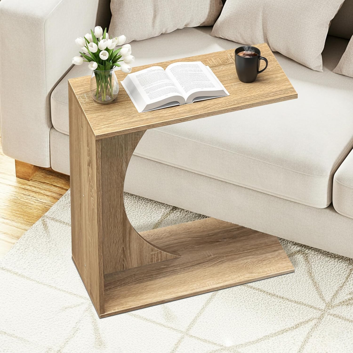 C Shaped End Table,Solid Wood C Table for Couch,Bedroom and Living Room,Space-Saving Small Side Table for Laptop and Narrow Spaces (White Oak)