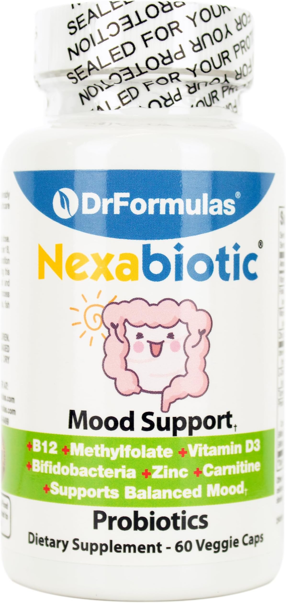 DrFormulas Mood Boost Probiotics for Stress and Calm, Methylfolate for Kids, Women, Men | Nexabiotic Supplement with Bifidobacterium and B-12, 60 Count