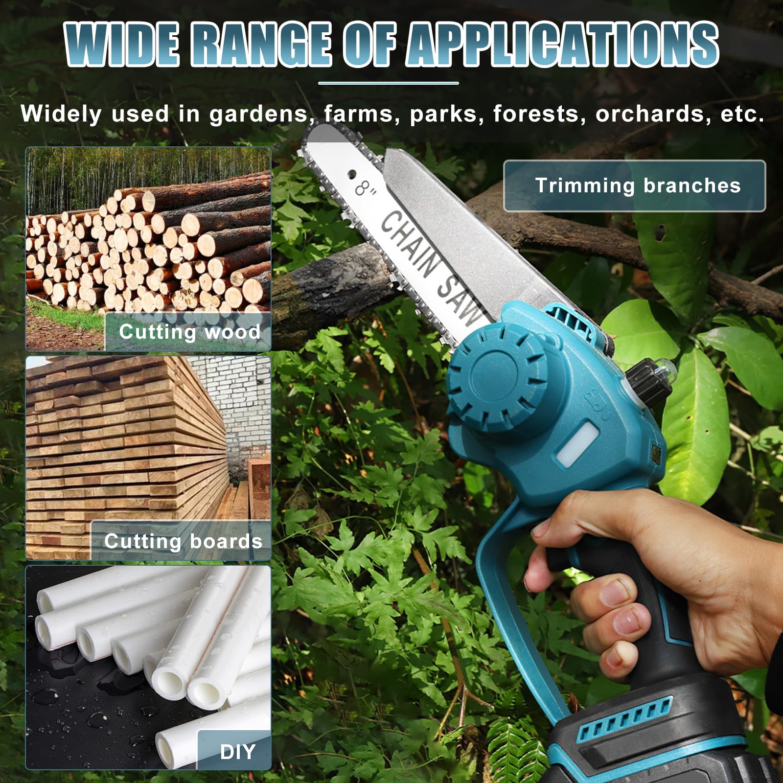 WingFly Mini Tronçonneuse à Batterie 8 Pouces Compatible avec Makita 18V, Tronçonneuse Sans Balais avec 2 Chaînes, Tronçonneuses à une Main pour l'élagage le Jardin (Sans Batterie)